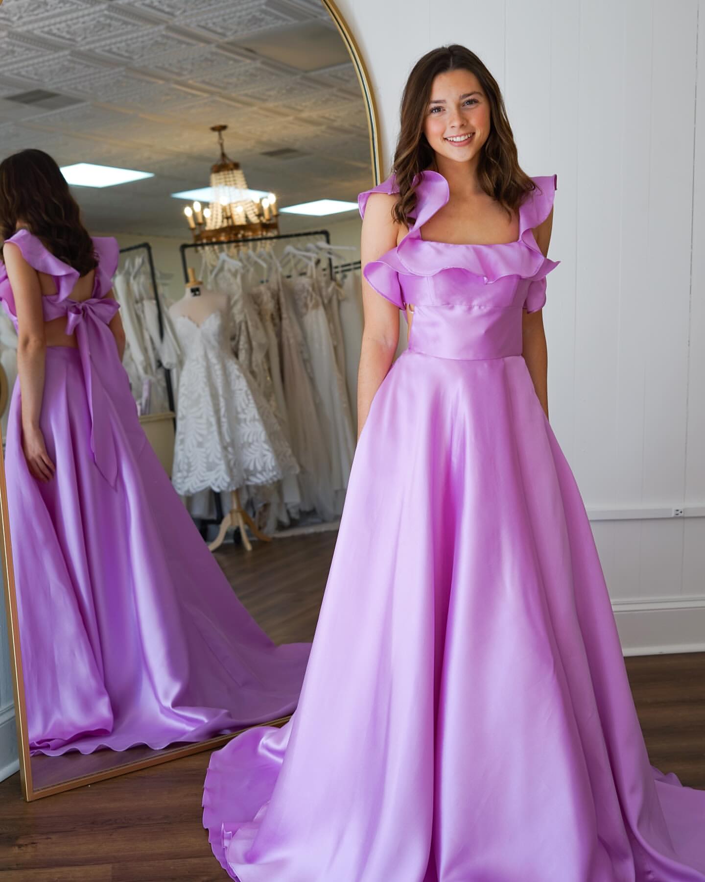 Elegant A-Line Satin Ruffle Prom Dress for Formal Party - J6907 | Perfect for Homecoming, Prom Night, and Evening Galas
