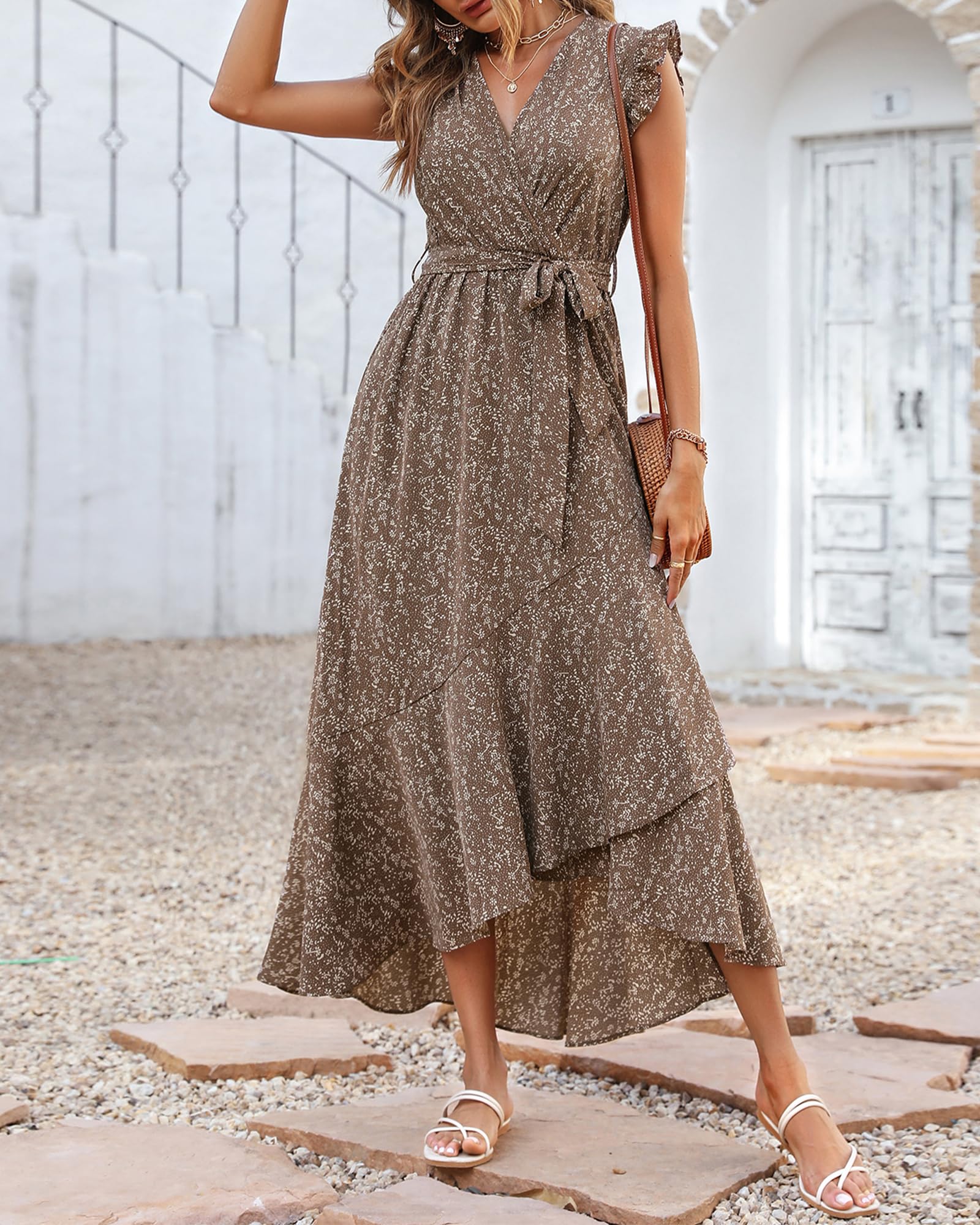 BTFBM Women's Floral Maxi Dress 2025 - V Neck Ruffle Sleeve Wrap Dress with Belt for Spring Summer Beach Vacation, Wedding Guest & Outdoor Party Wear