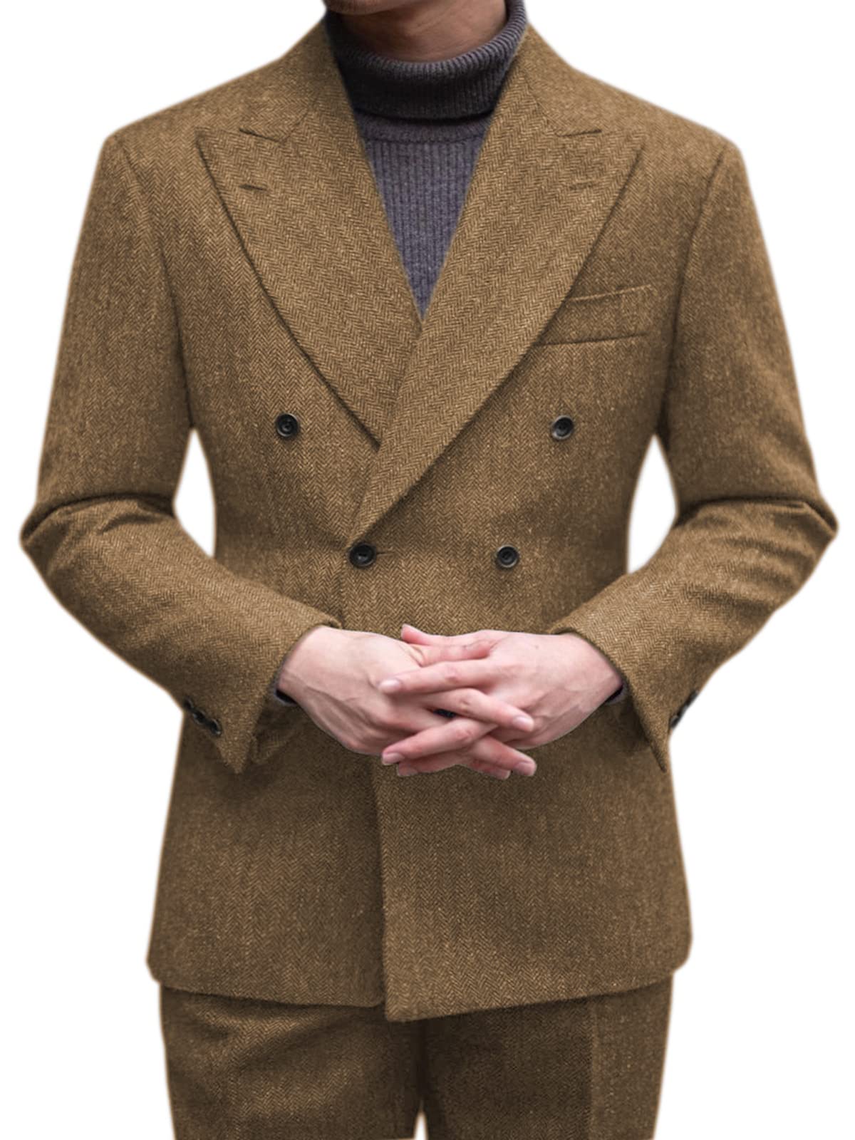 SOLOVEDRESS Men's 2-Piece Wool Suit Set - Classic Herringbone Double Breasted Blazer & Pants for Wedding, Groomsmen, Business & Formal Events