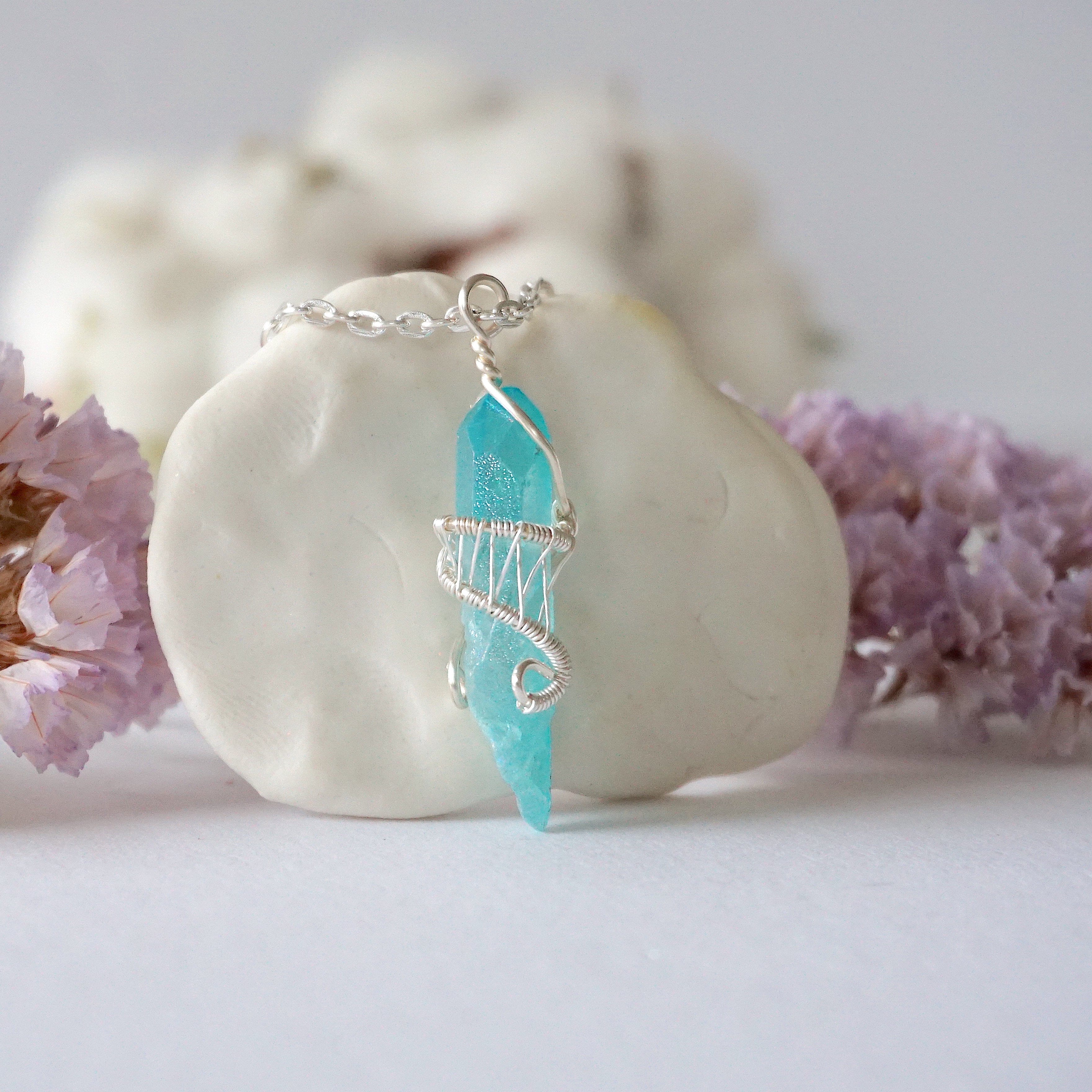 Aqua Aura Quartz Necklace - Silver Plated Crystal Point Charm Pendant for Women | Spiritual Healing, Meditation & Energy Jewelry Gift