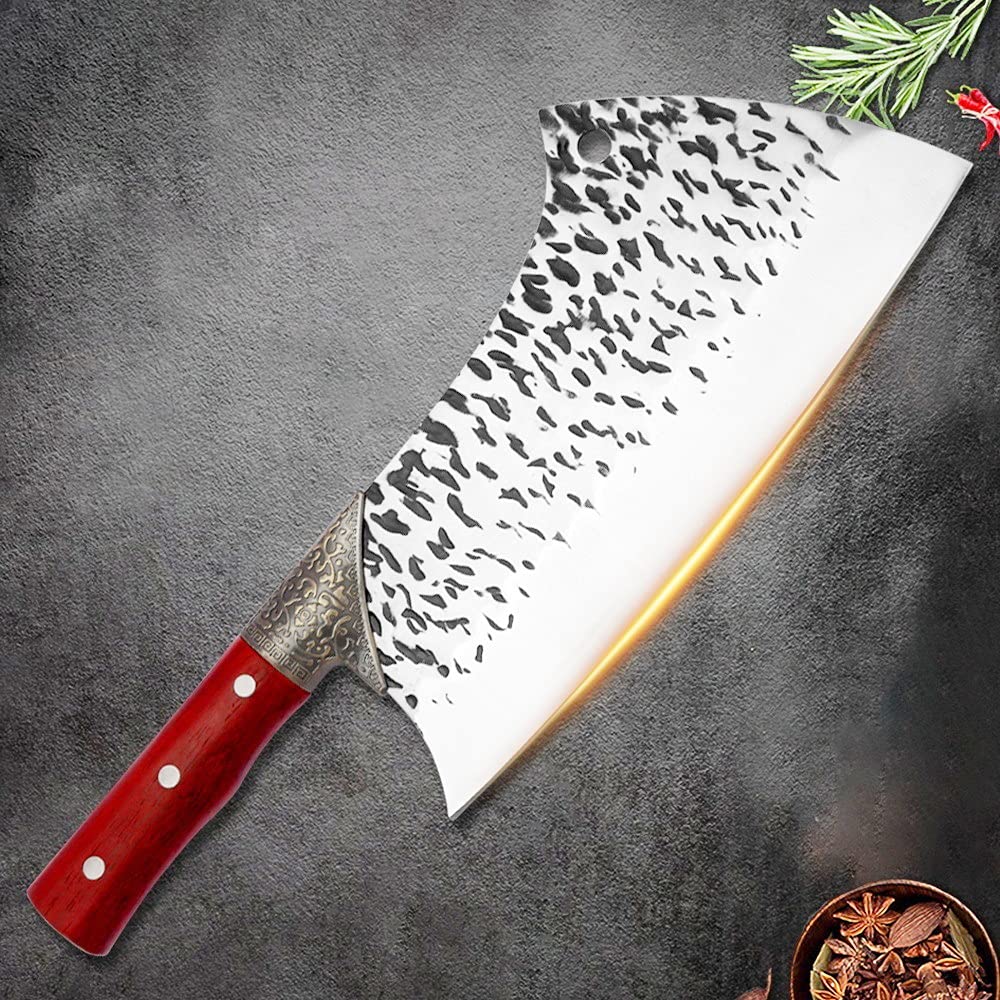 **Heavy Duty Meat Cleaver - High Carbon 5Cr15 Stainless Steel Butcher Knife with Wood Handle for Chopping, Slicing, and Bone Cutting - Perfect for Home Kitchens, BBQ, and Professional Butchering**