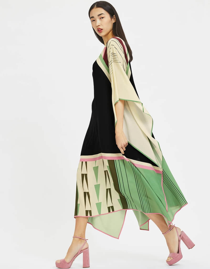 Luxury Black and Beige Silk Crepe Kaftan Dress - Elegant Flowy Maxi Kaftan for Women - Perfect for Beach Cover Up, Resort Wear & Boho Chic Outfits