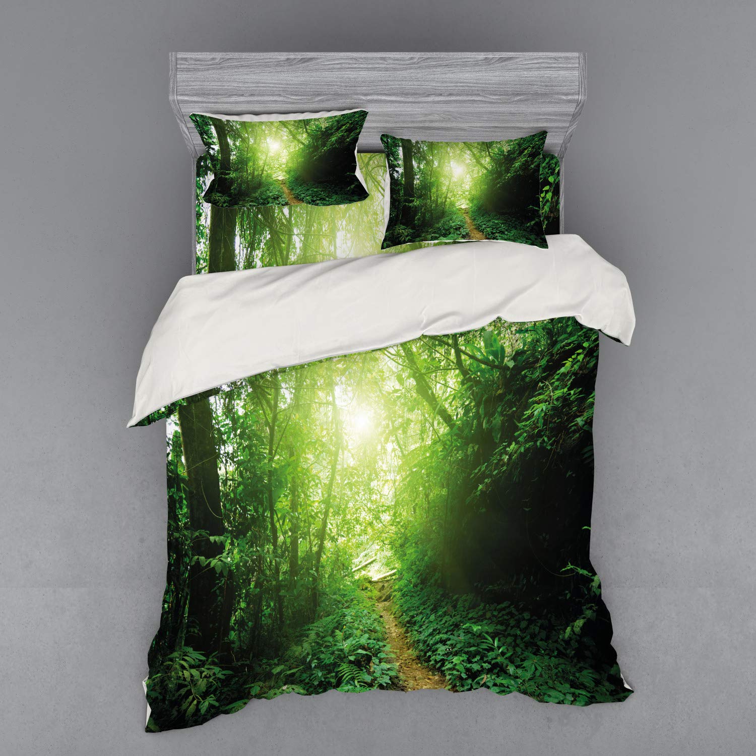 Ambesonne Jungle Rainforest Bedding Set - 4 Piece Duvet Cover with Shams & Fitted Sheet, Queen Size, Green Tropical Landscape Design - Perfect for Nature-Themed Bedrooms & Eco-Friendly Home Decor
