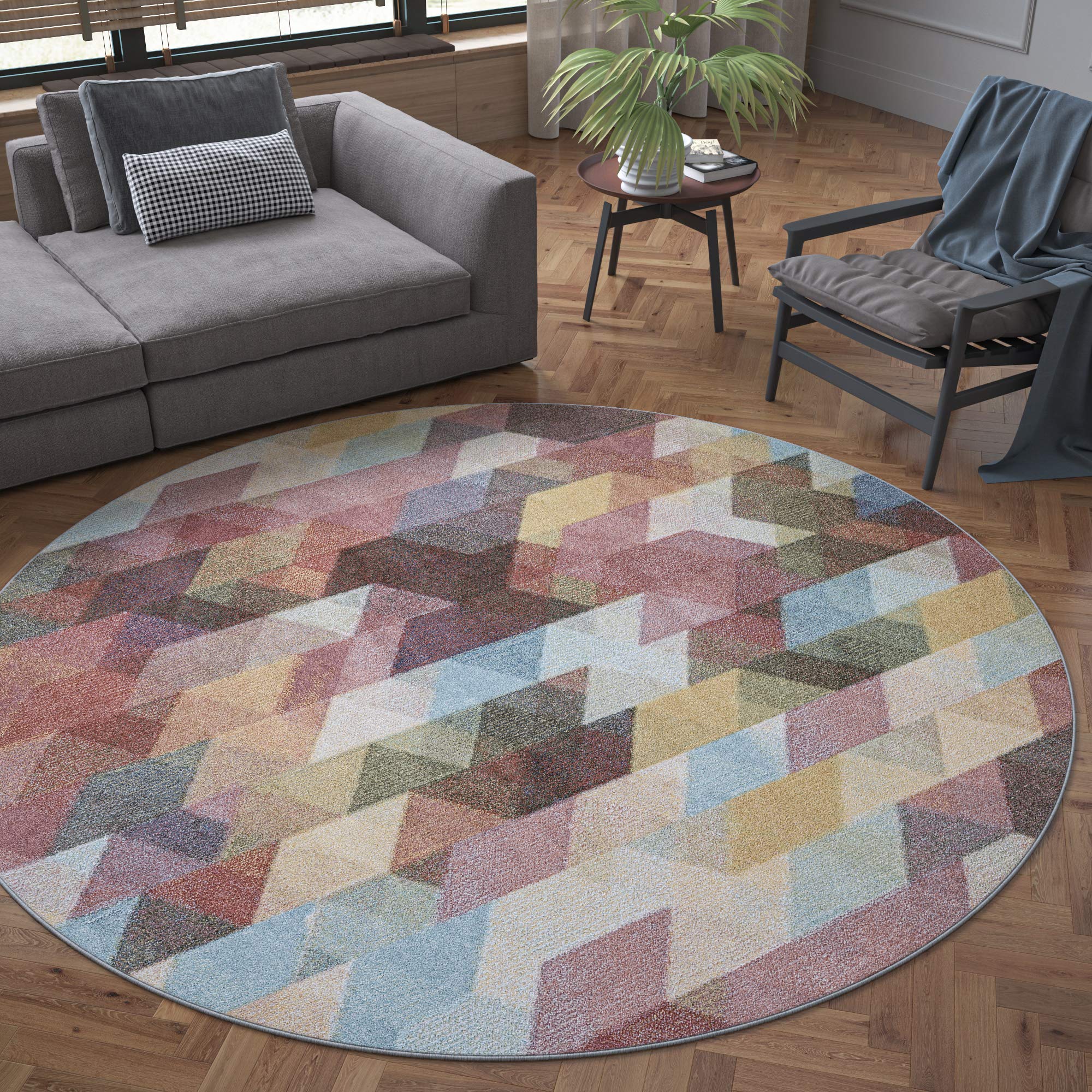 Tayse Declan Navy 6 Foot Round Area Rug - Modern Abstract Design for Living Room, Bedroom & Dining Room | Soft & Durable Floor Covering for Home Decor