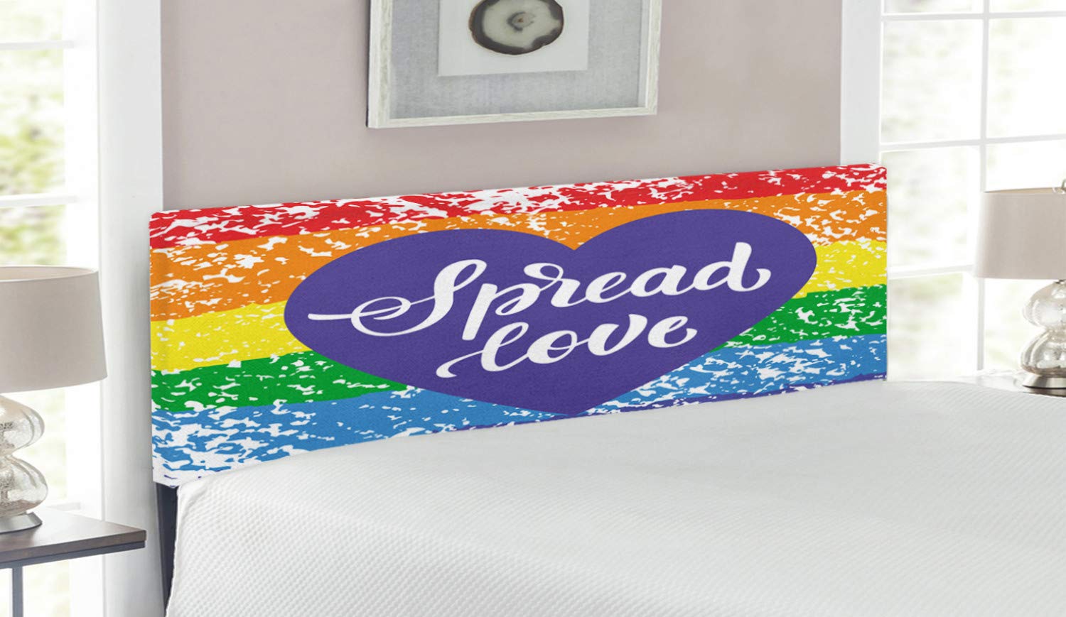 Ambesonne Pride Headboard - Upholstered Decorative Metal Bed Frame with Memory Foam | Queen Size | LGBT Love Inspirational Handwriting Heart Design | Vibrant Multicolor | Perfect for Pride Month, Bedroom Decor & LGBTQ+ Support