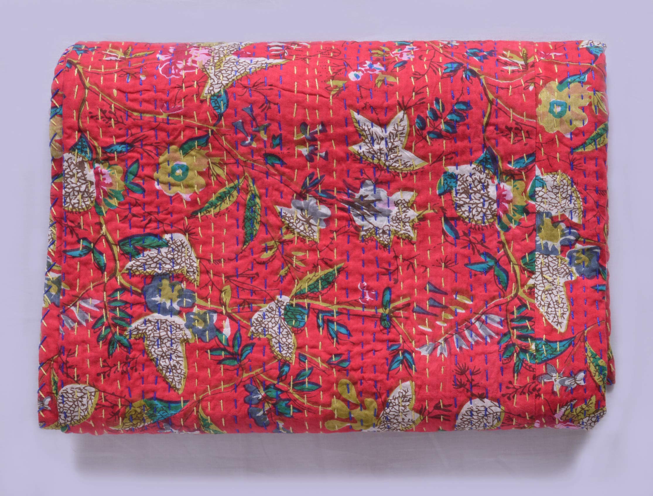 Vintage Indian Floral Printed Cotton Kantha Quilt - Soft & Comfortable Throw Blanket, Bedspread, Home Decor | Perfect for Sofa, Bed, Couch & Cozy Home Styling