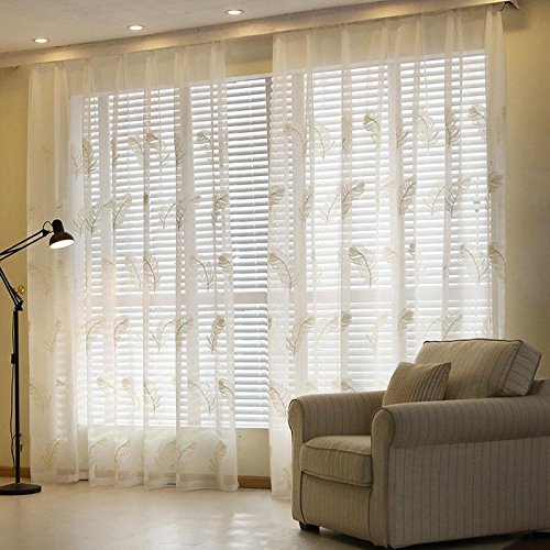 WPKIRA White Feather Pattern Embroidered Sheer Window Curtains - Light Filtering Voile Panels with Rod Pocket Top for Living Room, Bedroom & Nursery - Elegant Half Shade Drapes for Home Decor (1 Panel)