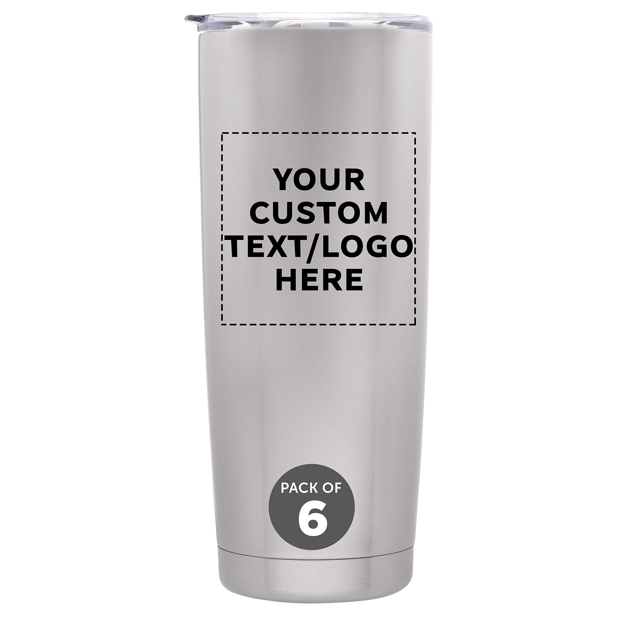 Personalized 20 oz Stainless Steel Coffee Tumblers Set of 6 - Double Wall Vacuum Insulated Custom Pipette Cups for Hot & Cold Drinks - Silver Bulk Pack - Perfect for Office, Travel, Camping and Gifts