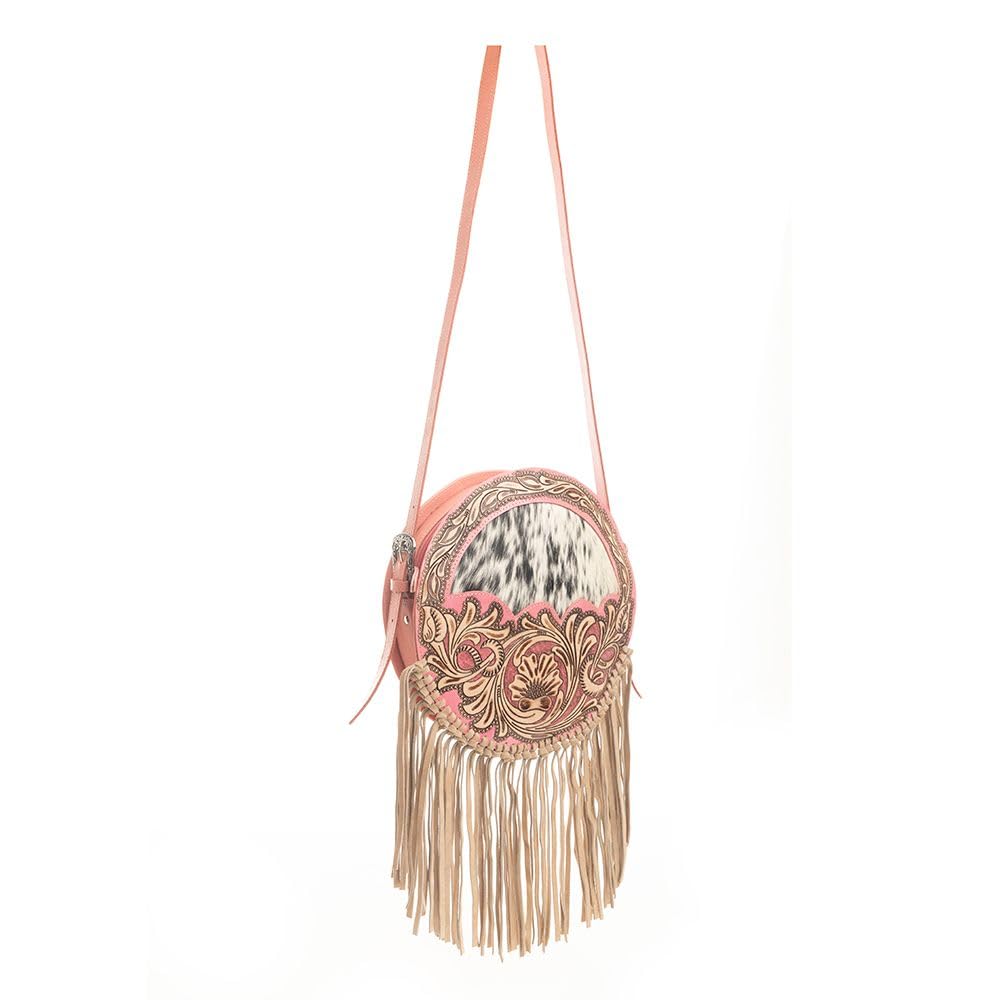 Myra Round Leather Shoulder Bag for Women - Western Style Upcycled Vintage Crossbody Purse in Sunrise Pink | Perfect for Casual Outings, Date Nights & Boho Fashion Accessories