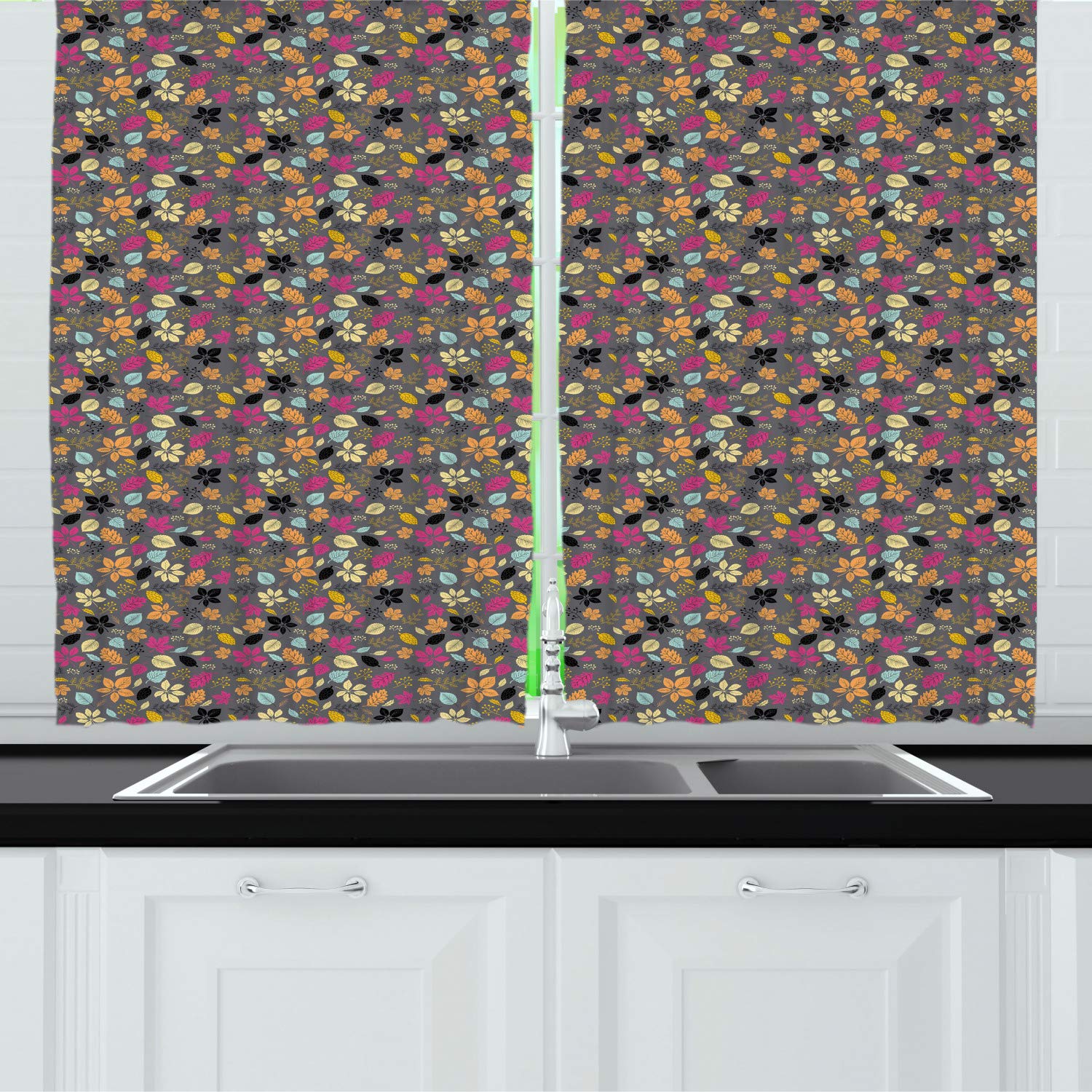 Ambesonne Autumn Kitchen Curtains - Fall Leaves & Herbal Tree Branches Design, Purpleblue Multicolor, 55