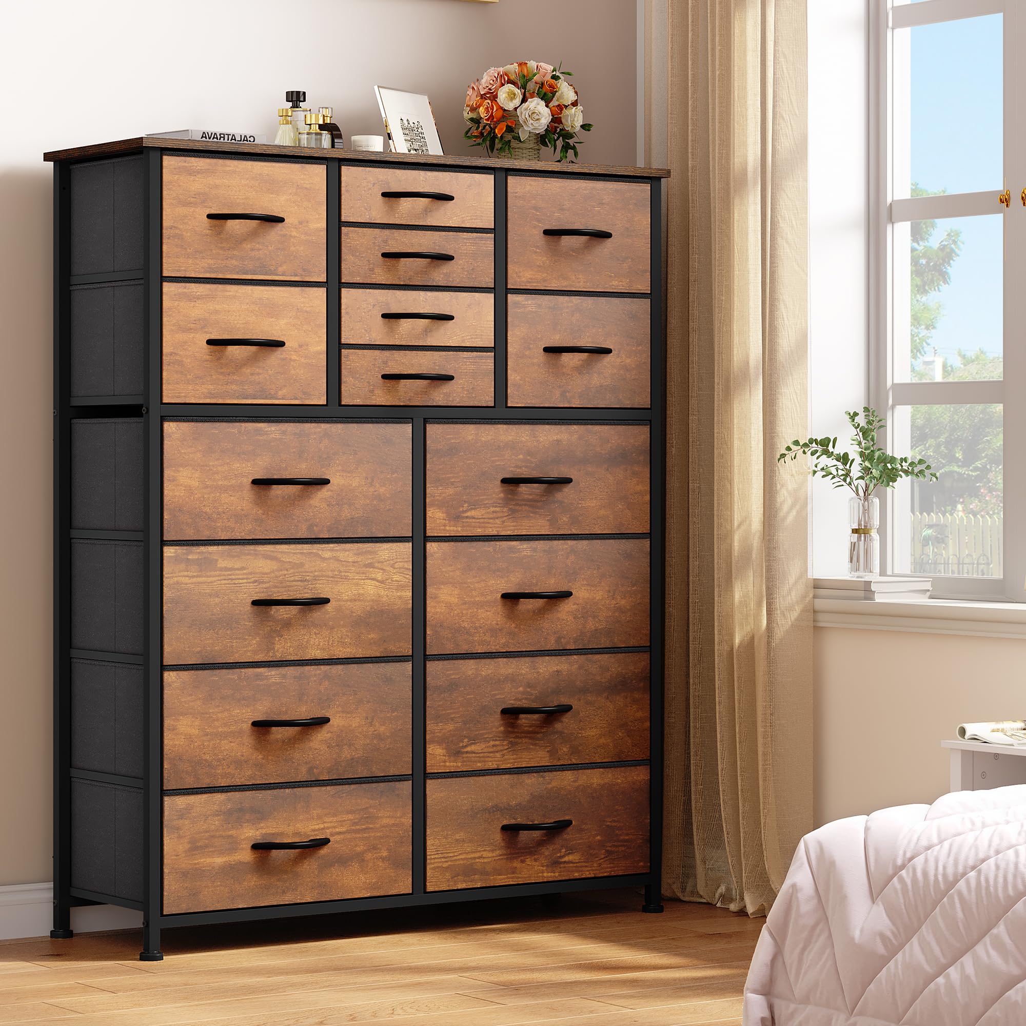 YITAHOME 16-Drawer Fabric Dresser with Sturdy Metal Frame & Wooden Top - Rustic Brown Storage Organizer for Bedroom, Closet, Living Room & Entryway | Perfect for Clothes, Toys, Blankets & Home Organization