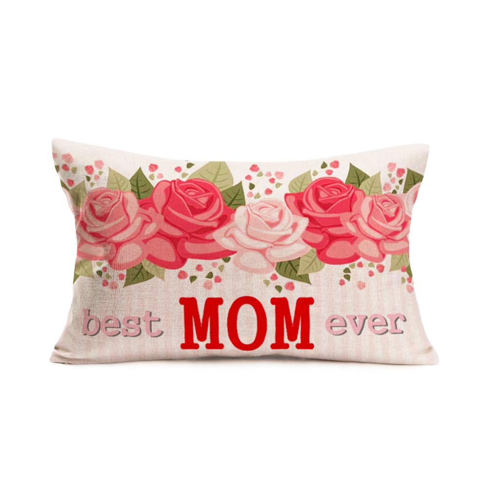 Best Mom Ever Throw Pillow Cover - 12x20 Inch Red Rose & Pink Stripes Linen Pillow Case with Floral Quote - Perfect Mother's Day Gift, Birthday Present for Mom - Great for Living Room Decor, Bedroom Accent, or Sentimental Gift