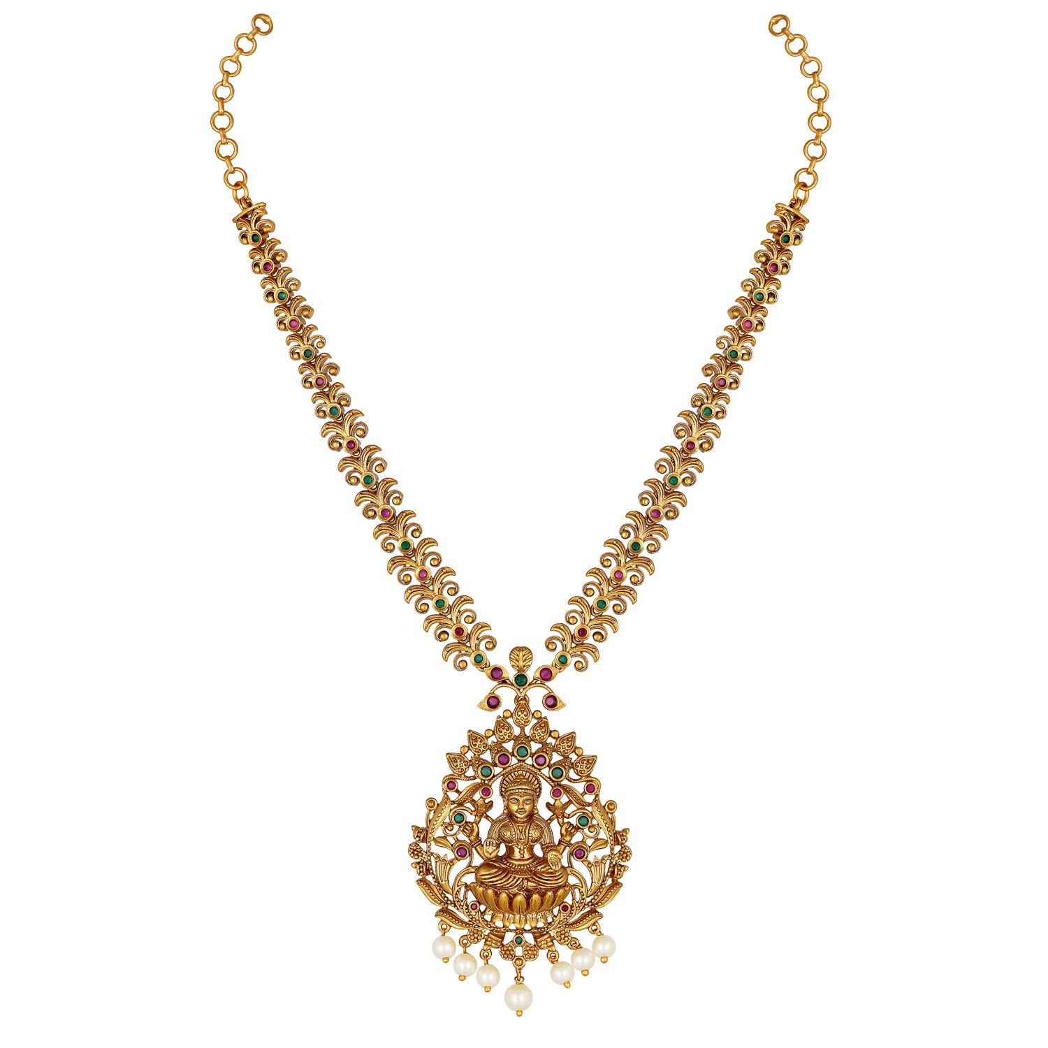 South Indian Traditional CZ Jewelry Set - Designer Necklace & Earrings for Women | Bollywood Ethnic Wedding Jewelry | Goddess Lakshmi Green Bridal Jewelry for Weddings, Parties & Festive Occasions