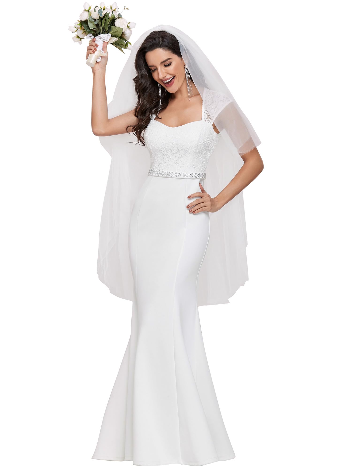 Ever-Pretty Women's Elegant Lace Cap Sleeve V-Neck Beaded Mermaid Wedding Dress for Bride - Perfect for Beach, Church, and Formal Wedding Ceremonies