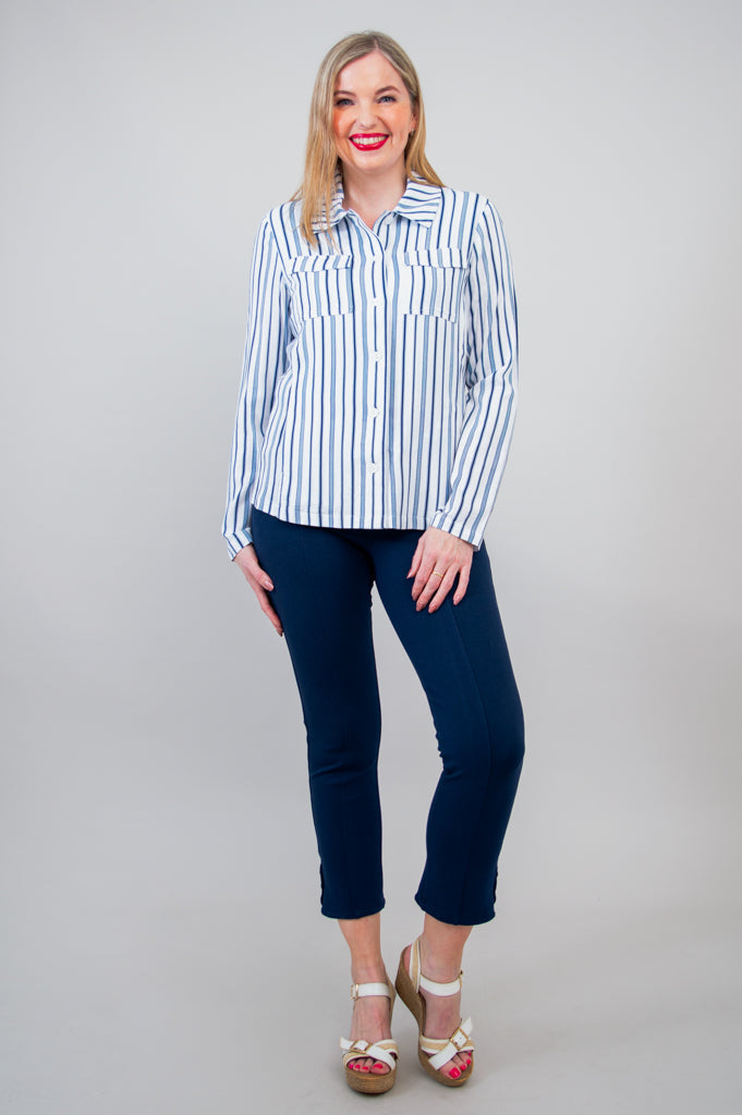 Lauren Jacket for Women - Indigo Stripe Linen Bamboo Blend Lightweight Cardigan - Perfect for Spring, Summer & Casual Office Wear