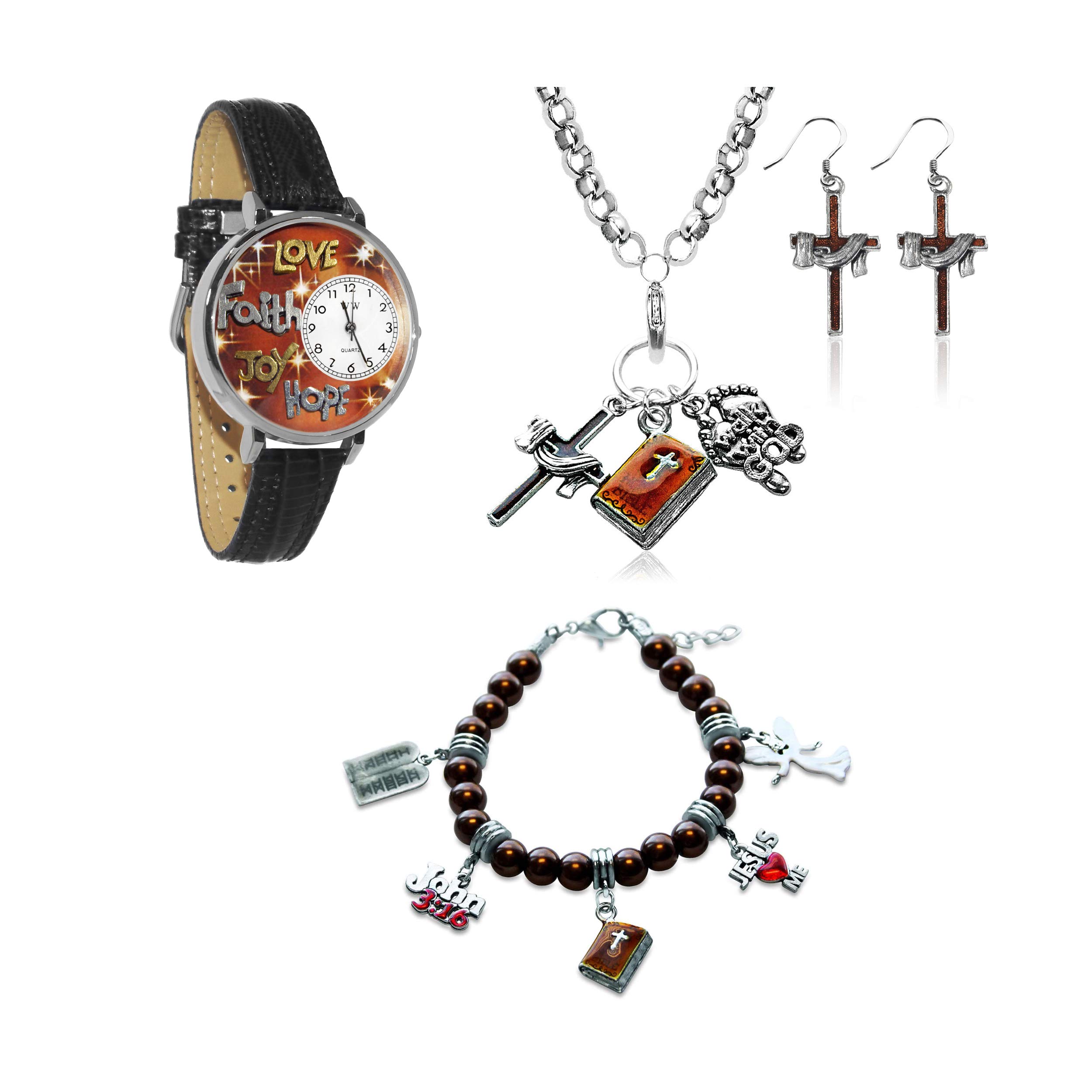 Whimsical Religious Watch & Jewelry Set (4-Piece, Silver) - Perfect for Baptism, First Communion & Christian Gift Giving