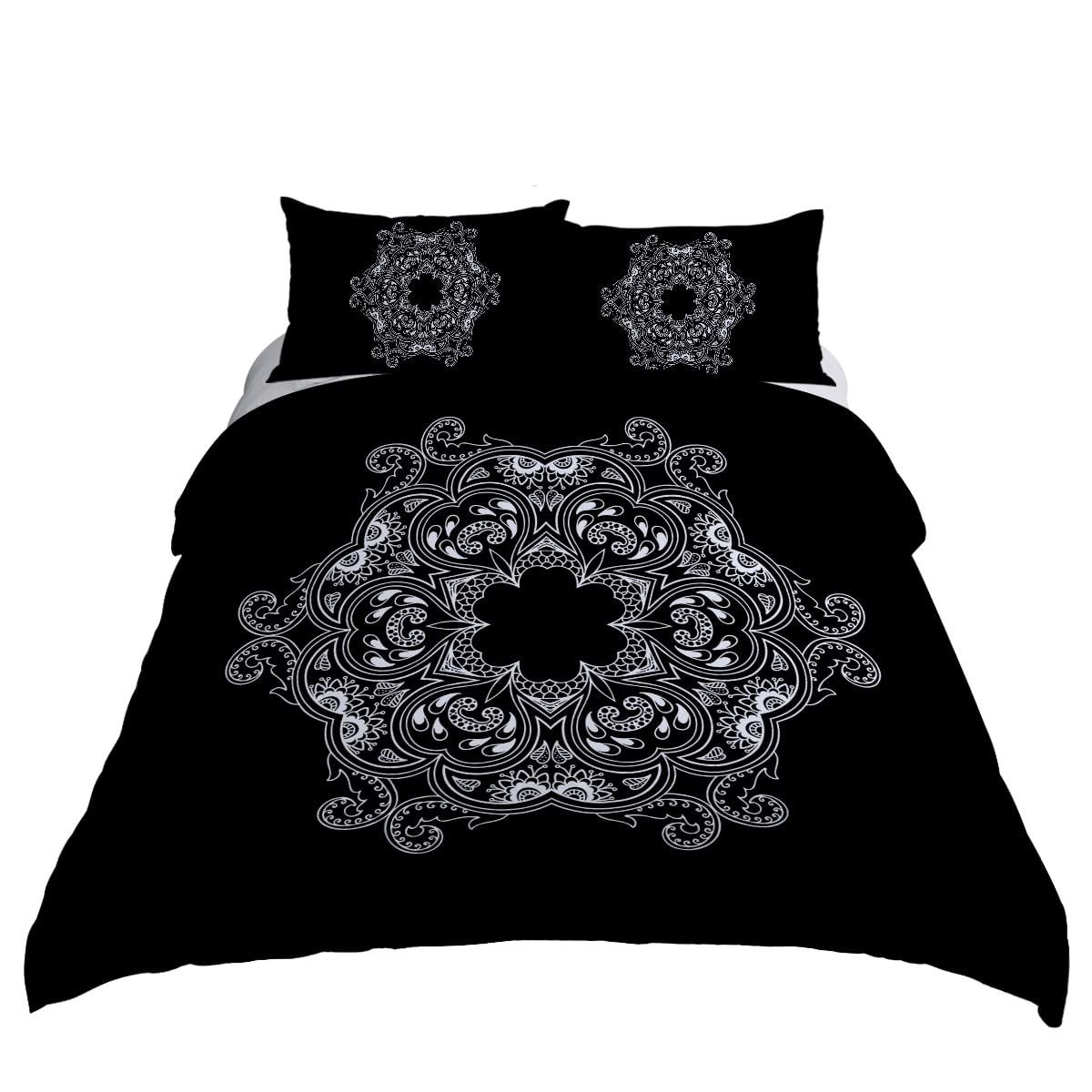 Sleepwish White Mandala Duvet Cover Set - Boho Paisley Black 3 Piece King Size Bedding (1 Comforter Cover + 2 Pillowcases) for Bohemian & Modern Bedroom Decor