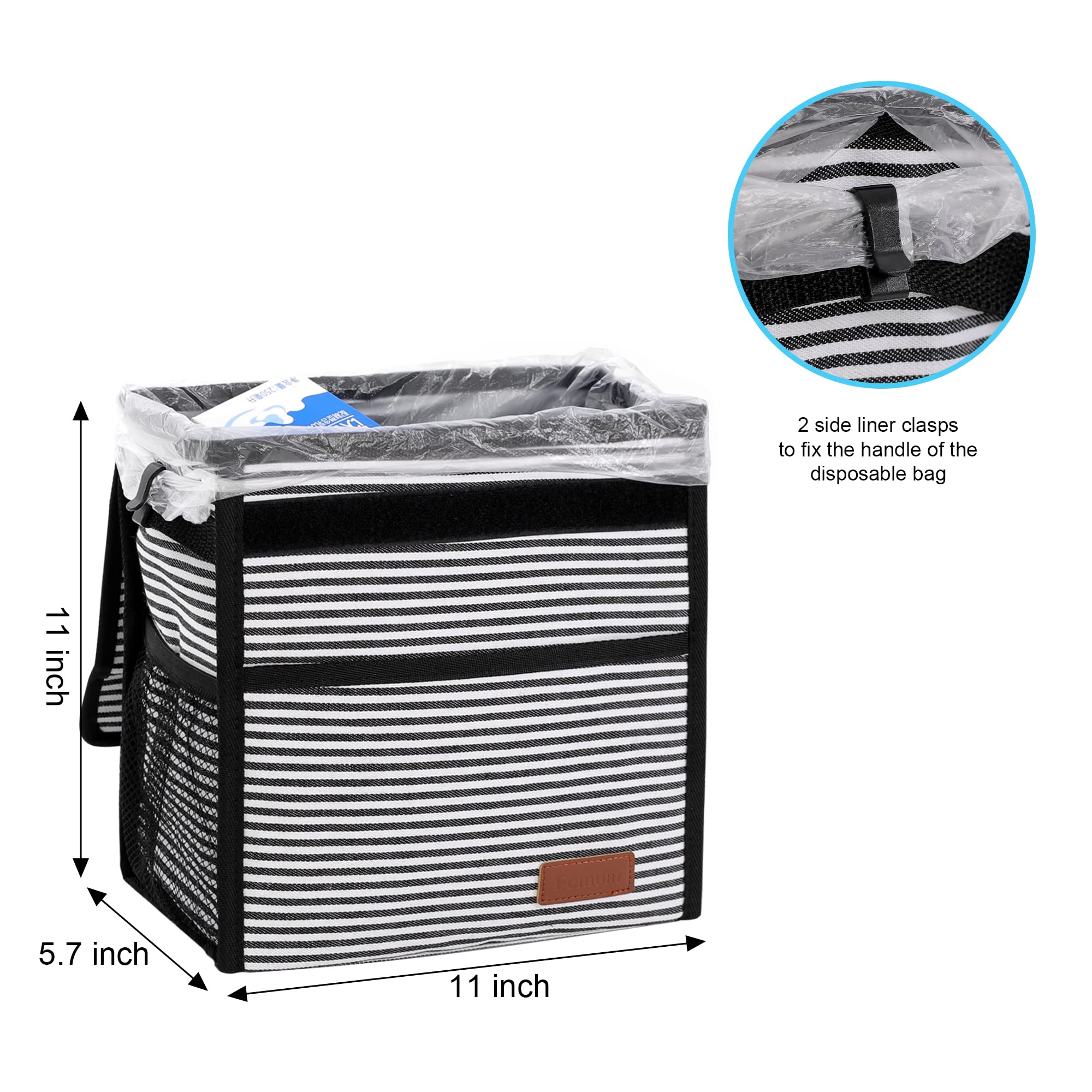 Femuar Leak-Proof Waterproof Car Trash Can with Lid & Storage Mesh Pocket - Large Capacity Vehicle Garbage Bag for Road Trips, Commuting & Family Travel (Stripe Design)
