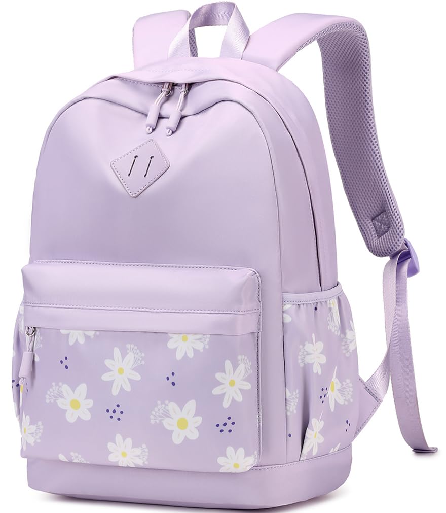 Floral Print Girls Backpack for School - Lightweight Water Resistant Travel Backpack for Women & Teens - Cute Daisy Daypack for Laptop, Books & Daily Use - Perfect for School, College, Work & Weekend Trips - Purple