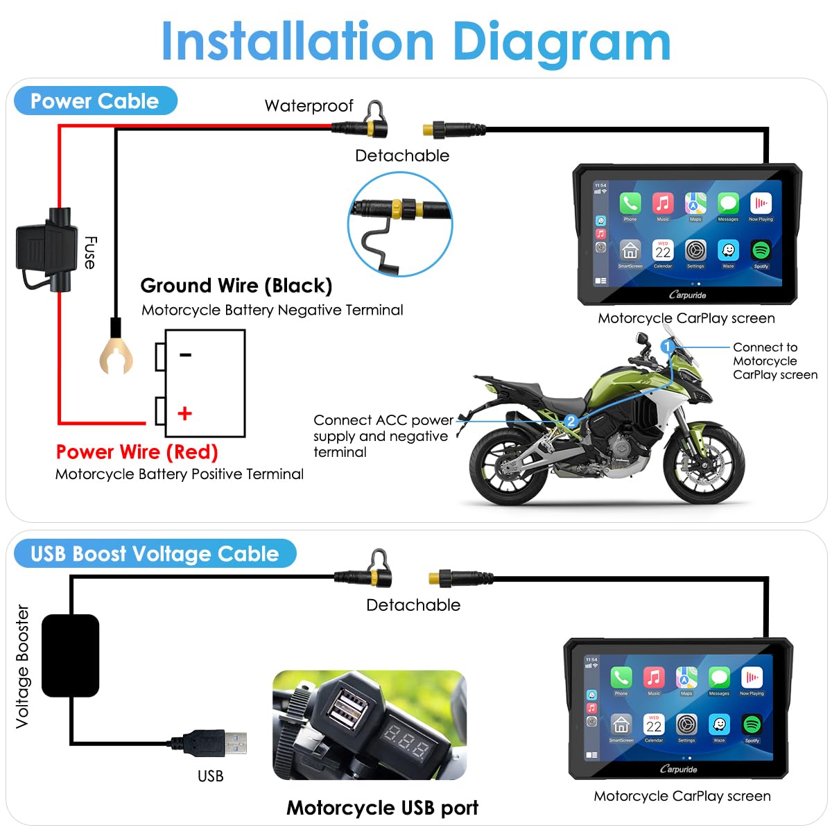 Carpuride W702 Pro 7-Inch Waterproof Motorcycle Touchscreen with Wireless CarPlay & Android Auto, Intercom Function, Enhanced Dual Bluetooth, Navigation, Compass - Perfect for Motorcycle Rides, Road Trips & Outdoor Adventures