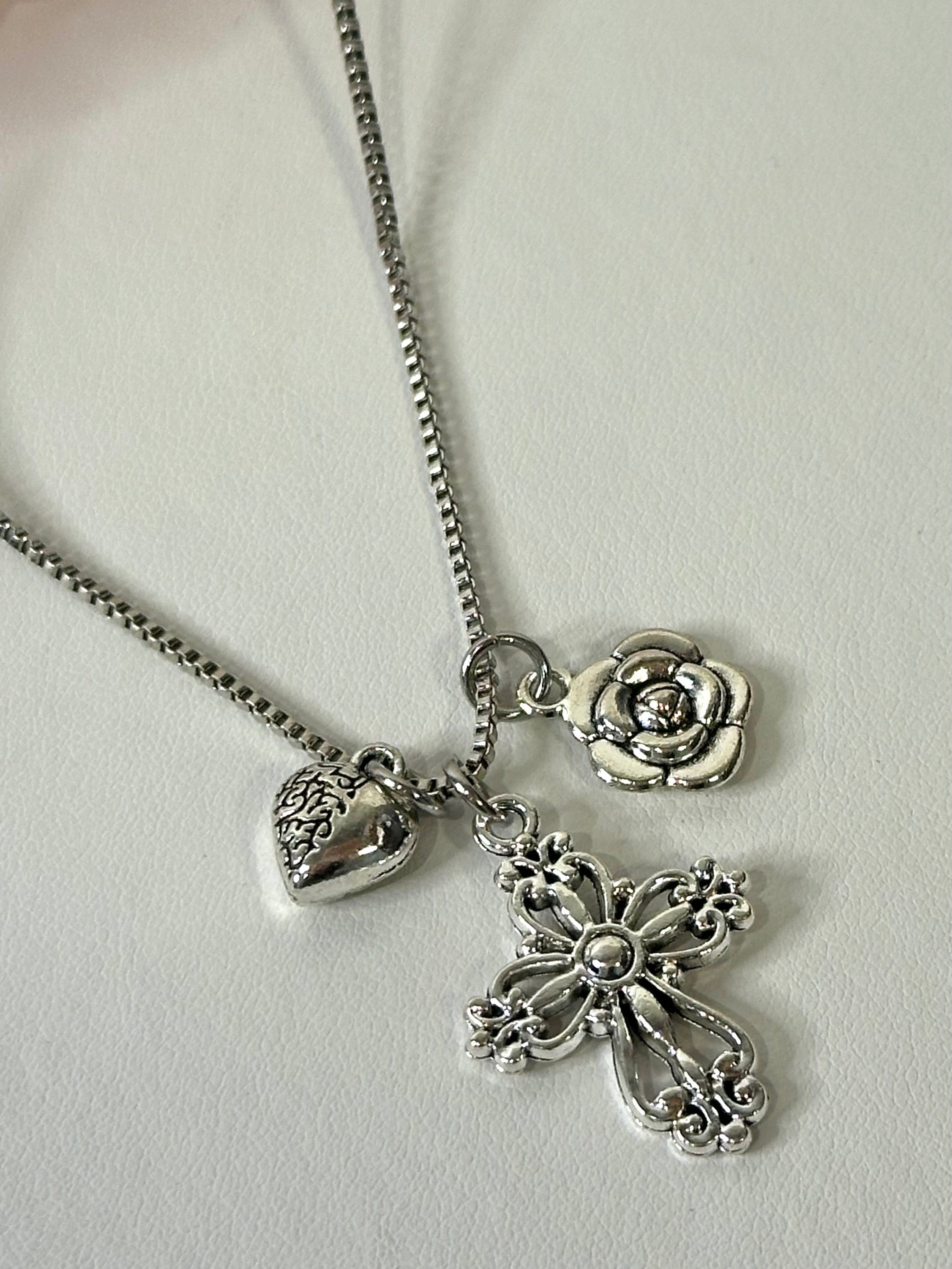 Heart, Cross & Rose Charm Necklace - Elegant Sterling Silver Pendant Jewelry for Women | Perfect Gift for Valentine's Day, Anniversary & Everyday Wear