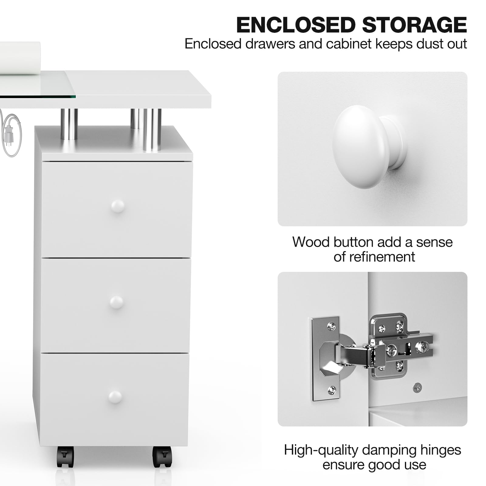 Professional Manicure Table with Glass Top - Electric Downdraft Ventilation, Wrist Cushion & Lockable Wheels - Nail Tech Station with Storage Drawers & Wooden Handles (White-Glass) - Perfect for Salon, Spa & Home Nail Art Studio