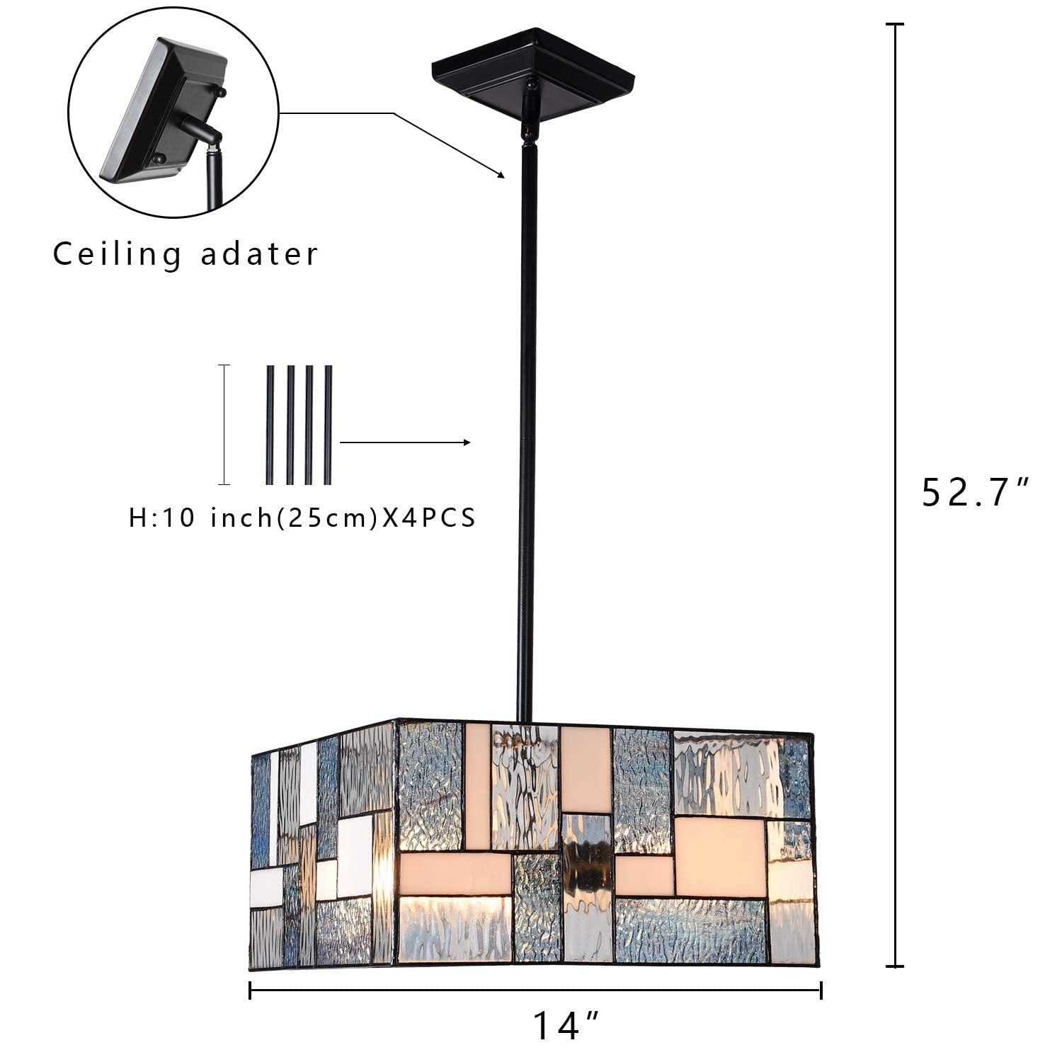 ARTZONE Tiffany Style Stained Glass Pendant Light Fixture - 3 Lights, 14
