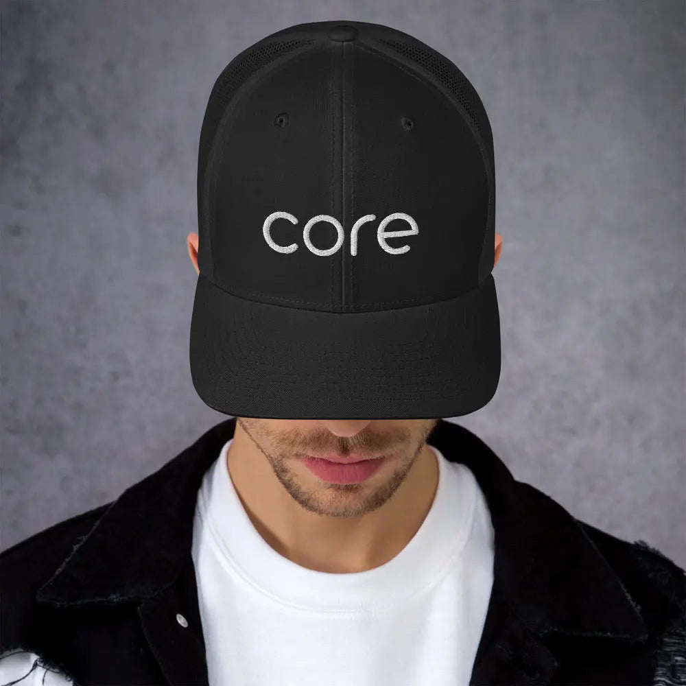 CORE Swimcore Trucker Hat - Black Performance Mesh Snapback for Swimming, Fitness & Outdoor Activities | Breathable & Lightweight Coach Cap for Men & Women