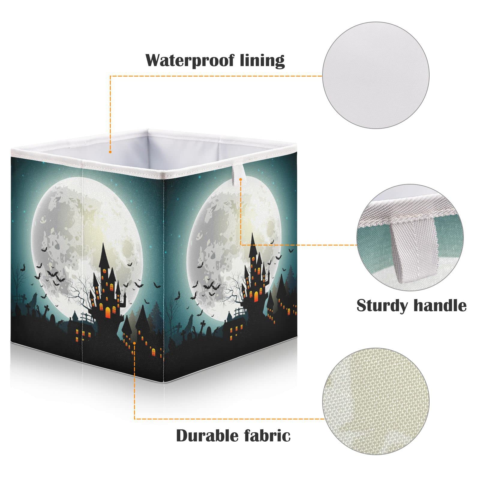 Halloween Castle Full Moon Foldable Collapsible Storage Baskets - 11x11 Inch Fabric Storage Bins & Cube Organizers for Shelves, Pantry, Bathroom, Baby Clothes & Nursery Toys - Perfect for Seasonal Decor & Home Organization
