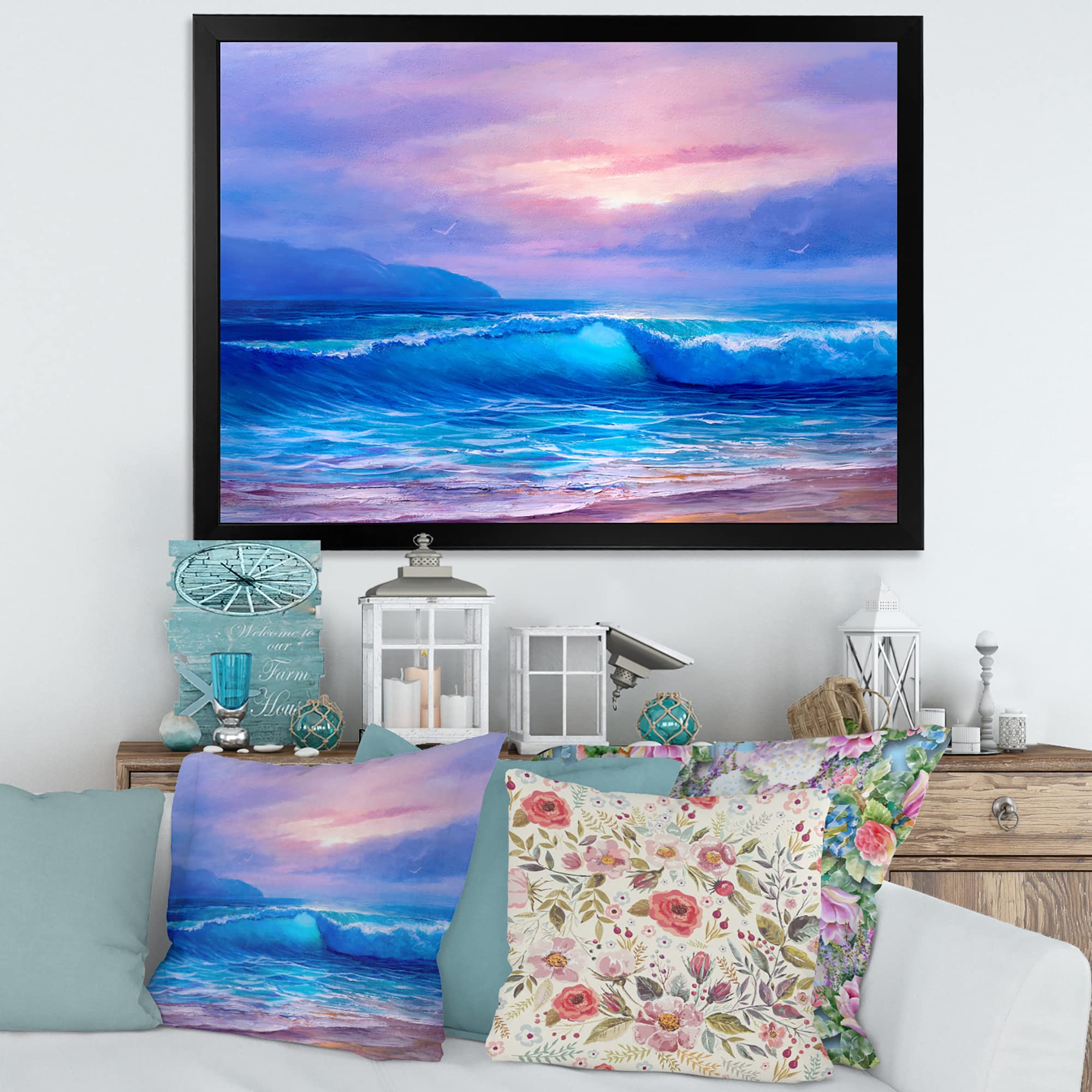 Golden Sunset Over The Sea Beach Coastal Framed Wall Art - Nautical Home Decor for Living Room, Bedroom & Office