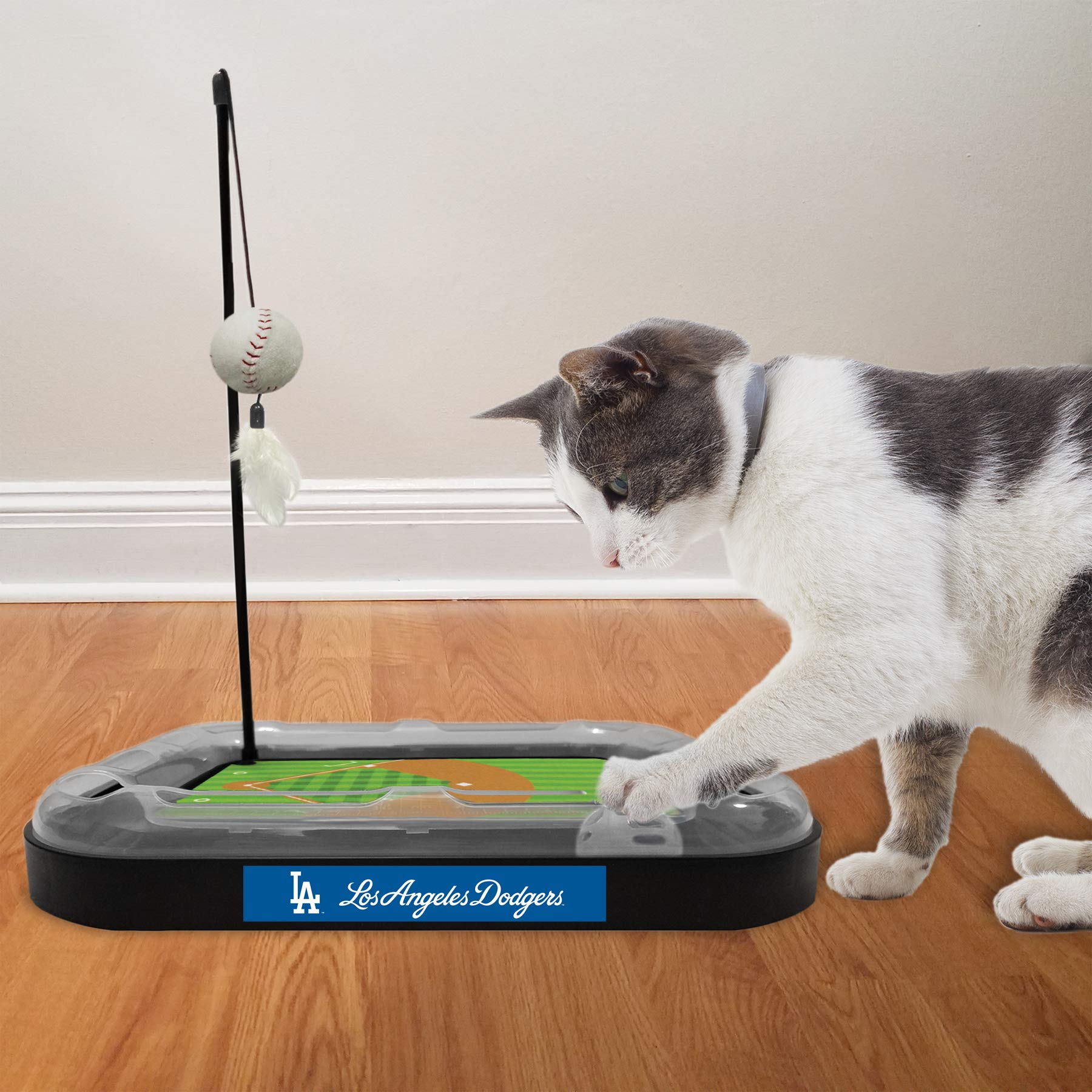 MLB Los Angeles Dodgers Baseball Field Cat Scratching Toy with Interactive Ball Bell & Catnip Plush - 5-in-1 Interactive Cat Toy with Wand, Feathers & Tracks - Perfect for Playtime & Scratching Needs