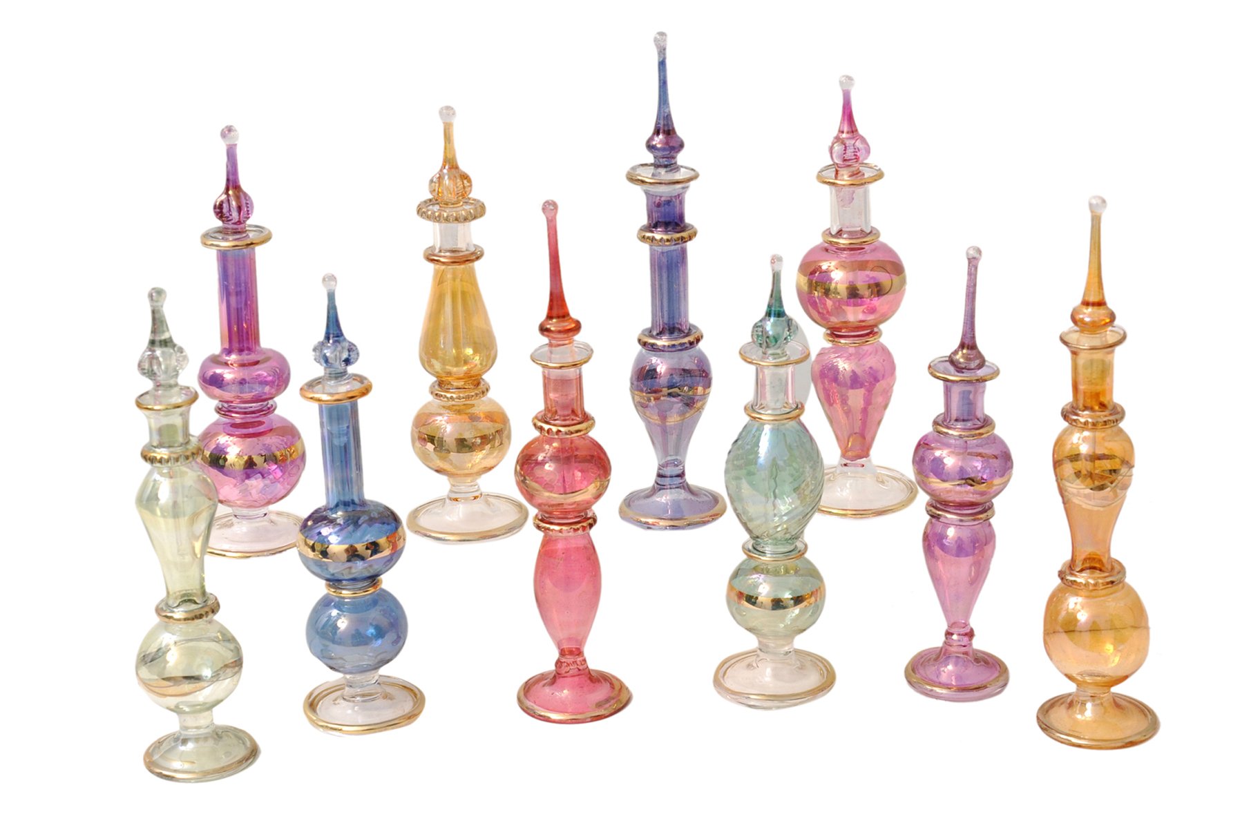 Handcrafted Genie Blown Glass Miniature Perfume Bottles - 4 Inch (12cm) Decorative Vials for Essential Oils & Fragrances, Set of 50 in Assorted Colors - Perfect for DIY Perfume Making, Home Decor, Wedding Favors & Gift Giving