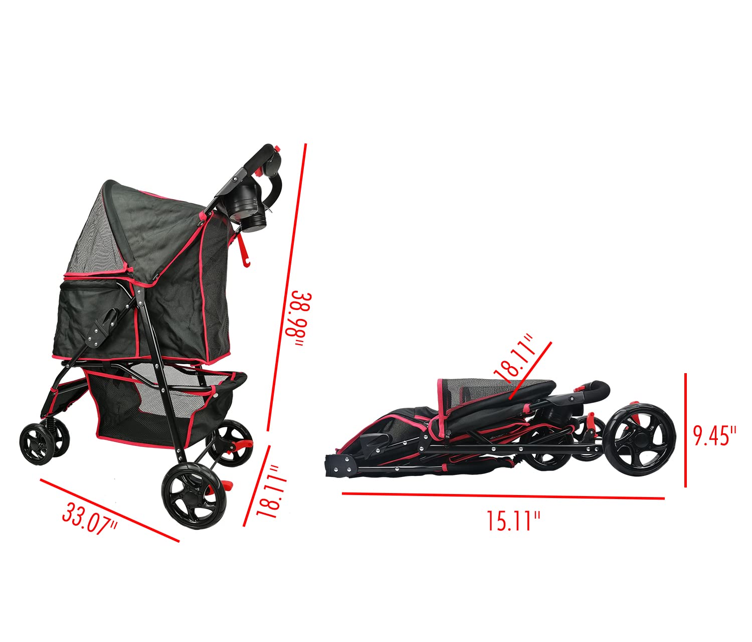 AmorosO Pet Stroller for Small Dogs & Cats | Lightweight Foldable Pet Carrier with Storage Basket | Easy Walking & Travel | Indoor & Outdoor Use | Perfect for Vet Visits, Shopping & Park Outings | Black