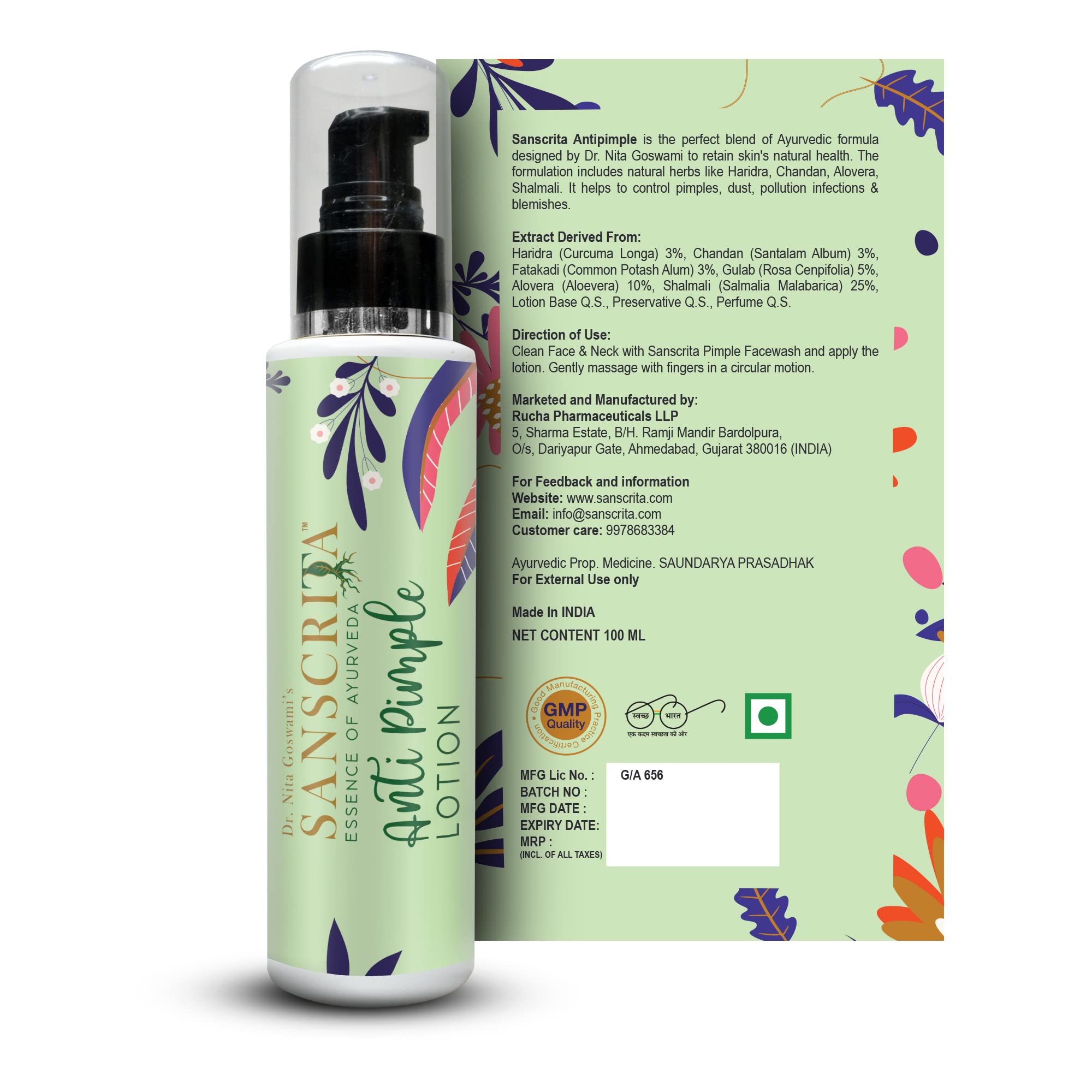 Sanscrita Anti Pimple Lotion - 100ml Herbal Ayurvedic Acne Treatment for Clear Skin | Face Care for Teens & Adults | Reduces Blemishes & Breakouts