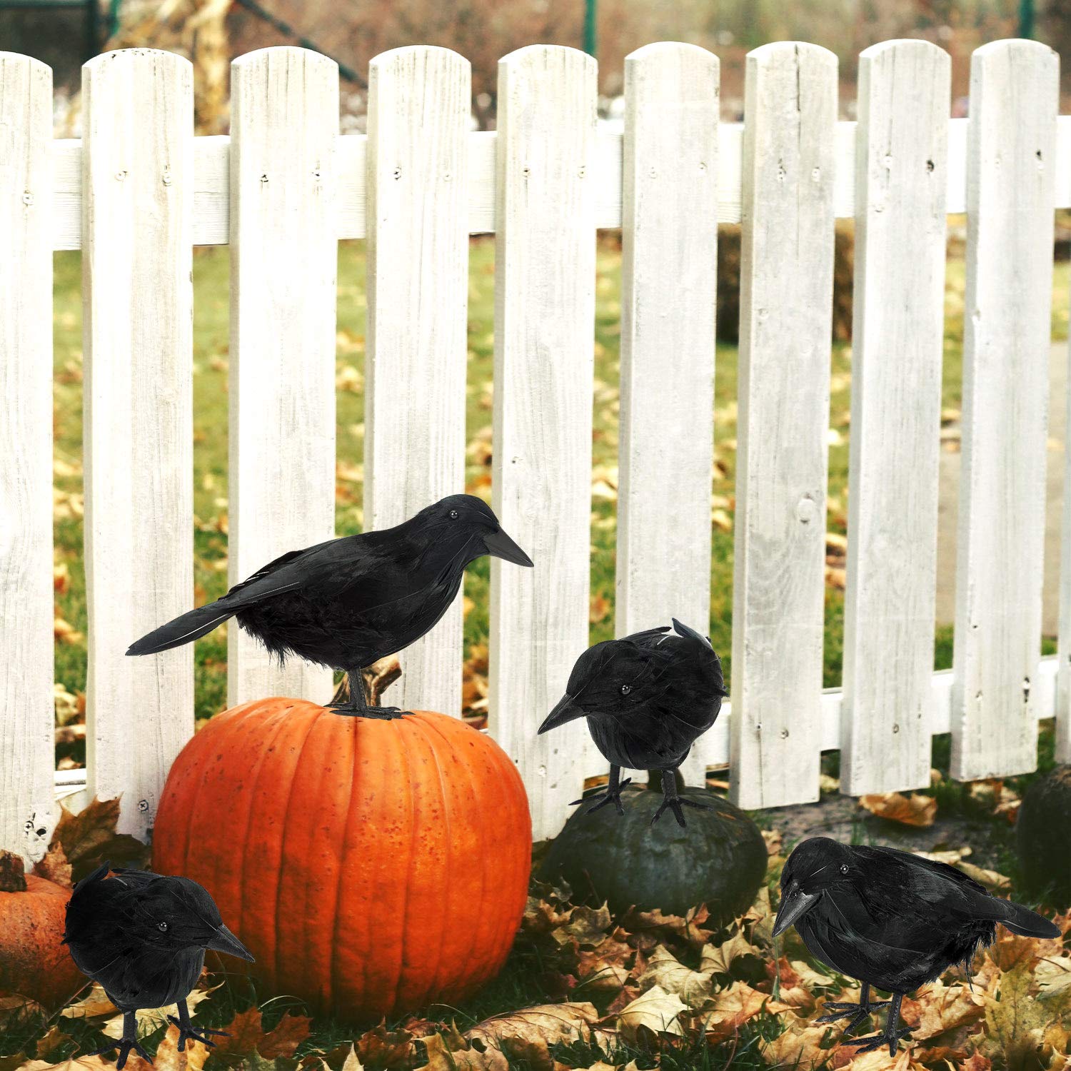 4 Pack Halloween Black Crows Decor - Realistic Fake Ravens for Spooky Halloween Party Decorations, Haunted House Props, and Outdoor Yard Scarecrow Displays