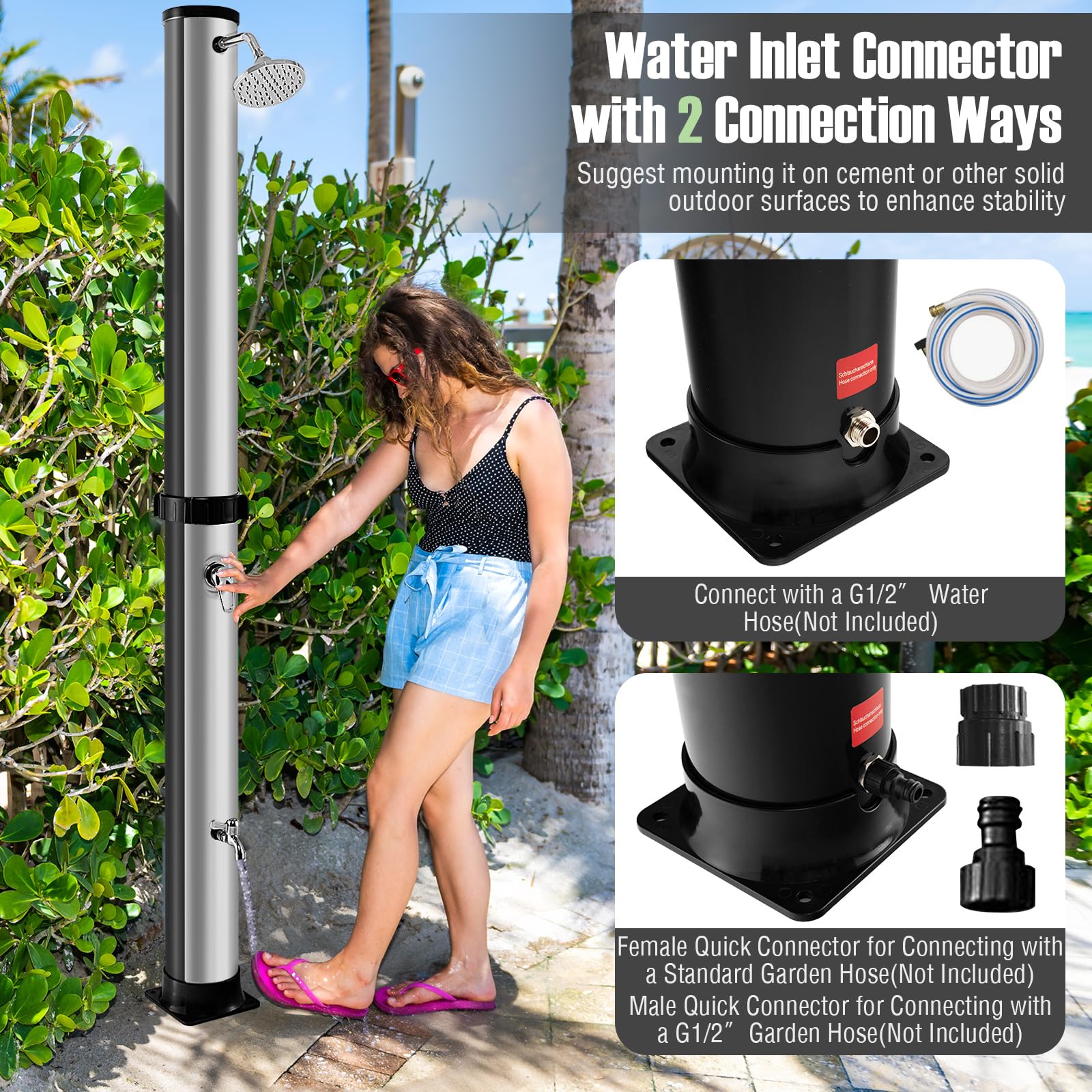 Goplus 10 Gallon Solar Heated Outdoor Shower - 7.2 FT Freestanding Garden & Pool Shower with Rotating Head, Temperature Control & Foot Wash - Perfect for Backyard, Beach, Camping & RV Use (Silver)