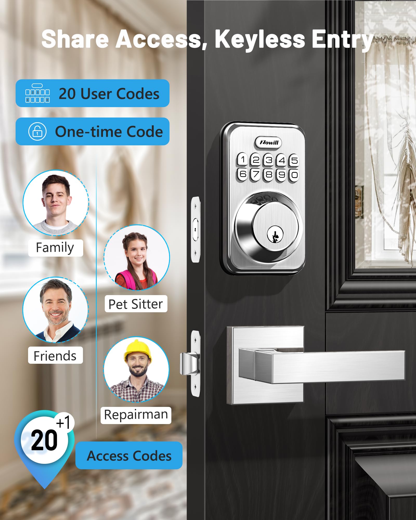 Zowill Smart Keyless Entry Door Lock - Electronic Keypad Deadbolt with Auto-Locking & Anti-Peeping Password, 2 Lever Handles in Satin Nickel for Front Door Security (Ideal for Homes, Apartments & Vacation Rentals)
