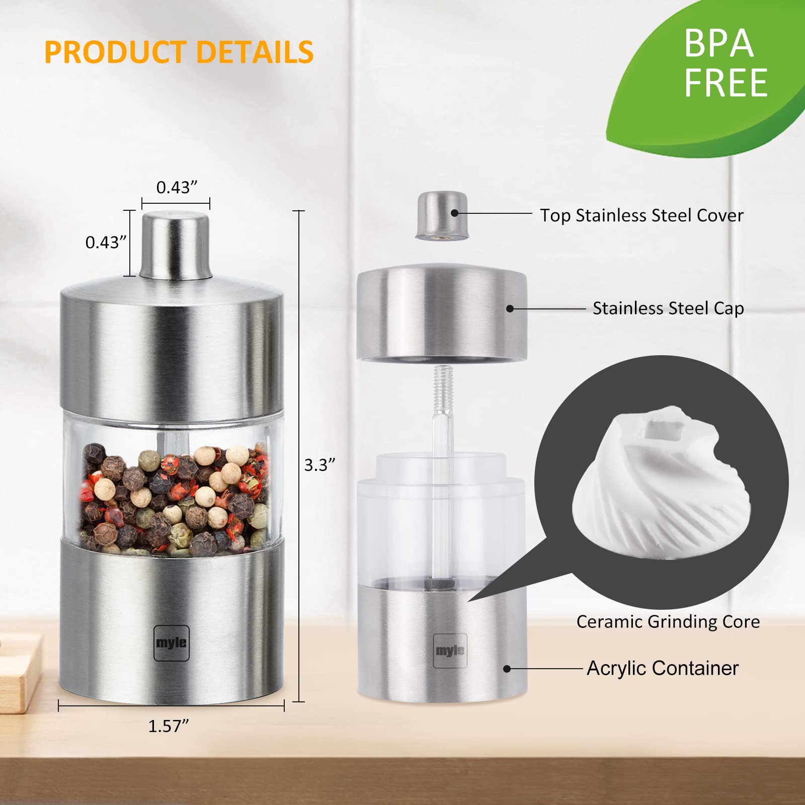 Premium Stainless Steel Salt and Pepper Grinder Set - Adjustable Ceramic Core, Refillable & Portable for Kitchen, BBQ, Picnic, RV, Restaurants, and Outdoor Parties