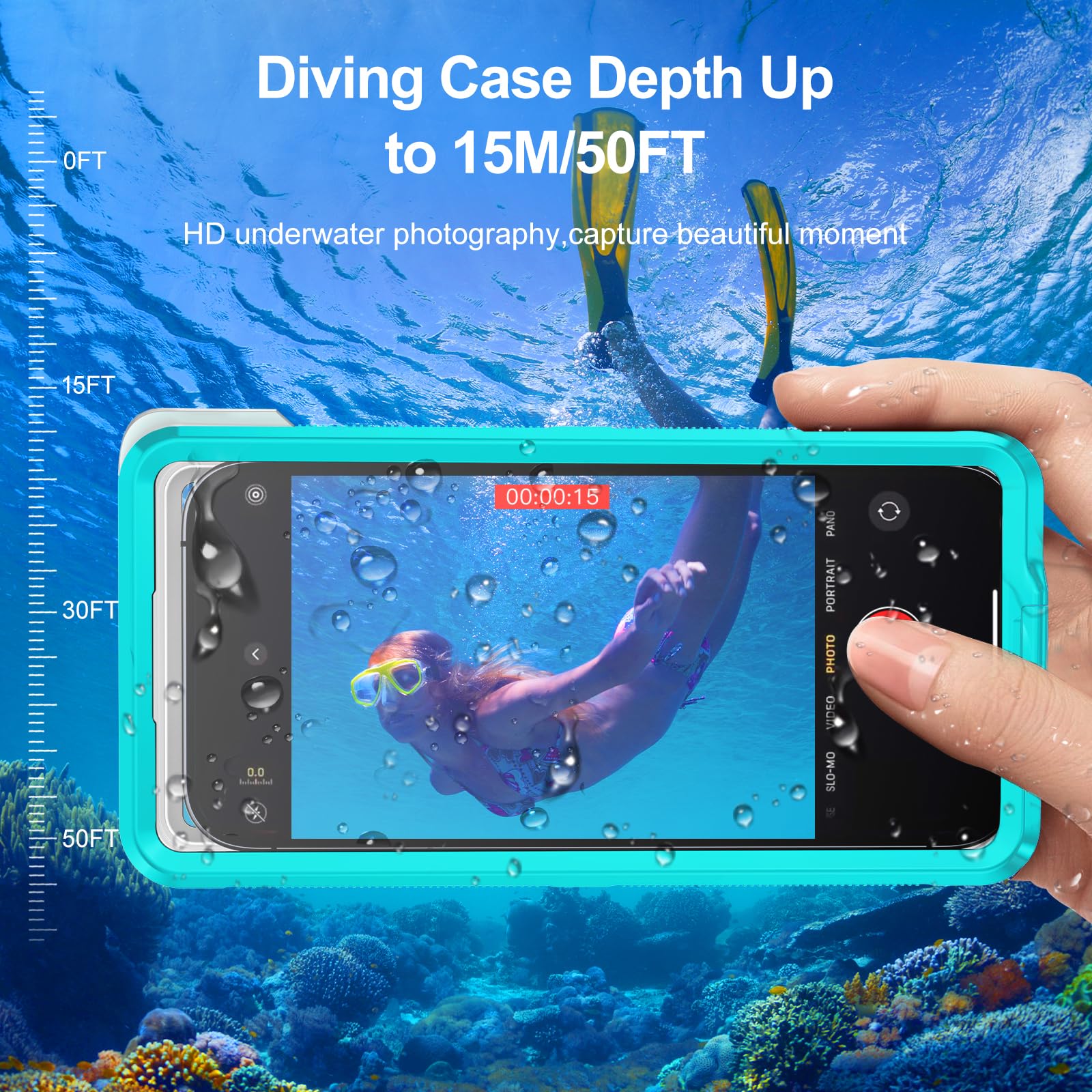 Beasyjoy Waterproof Phone Case for iPhone 16/15/14/13/12/11 & Samsung S24/S23/S22/Google - Universal 6.9 Inch Underwater Snorkeling Diving Case with Self-Check Seal - Blue - Perfect for Beach, Pool, Kayaking and Water Sports