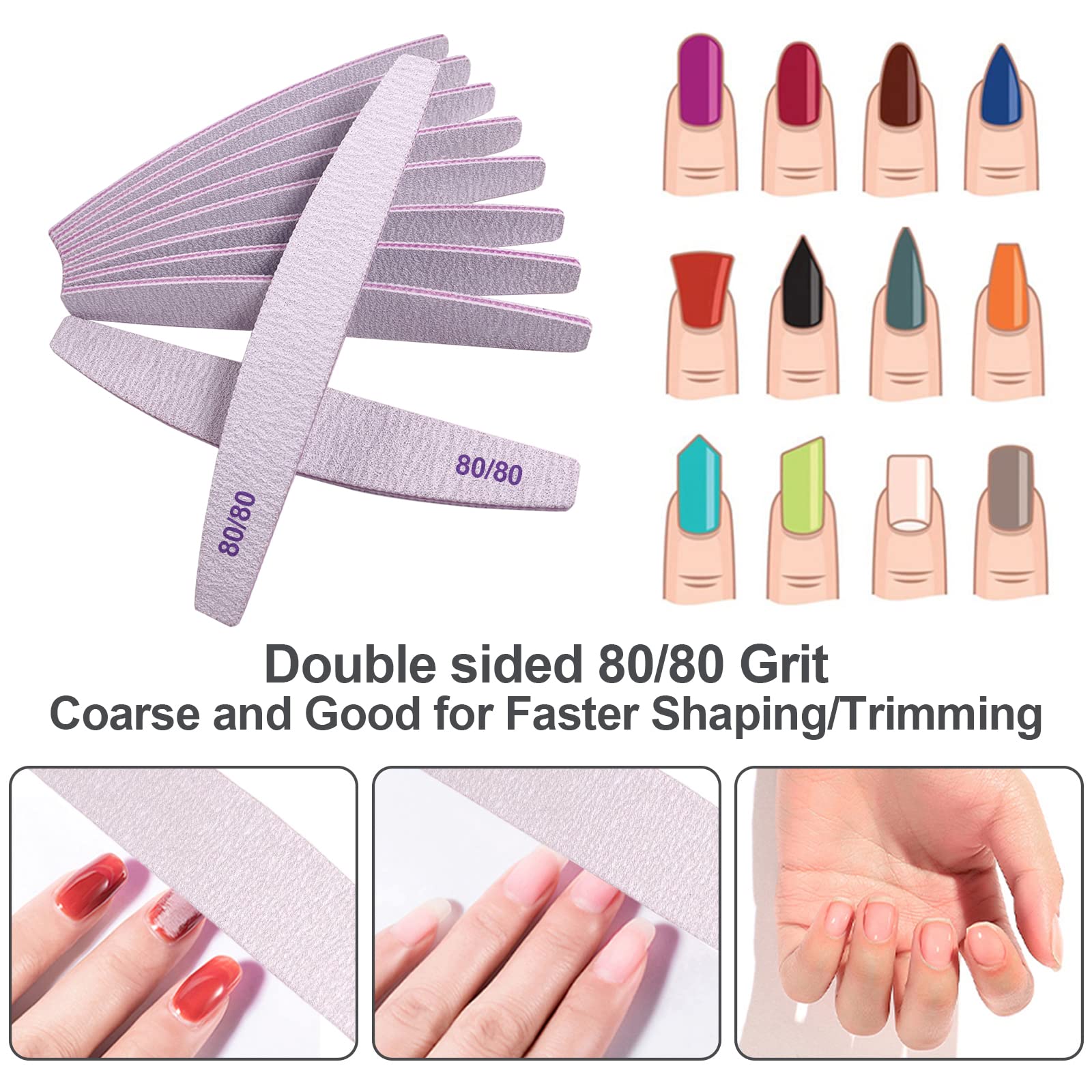 80/80 Grit Nail Files (10 Pack) - Professional Double Sided Emery Boards for Acrylic & Gel Nails - Coarse Washable Reusable Manicure Tools - Perfect for Salon, Home Nail Care & DIY Manicures