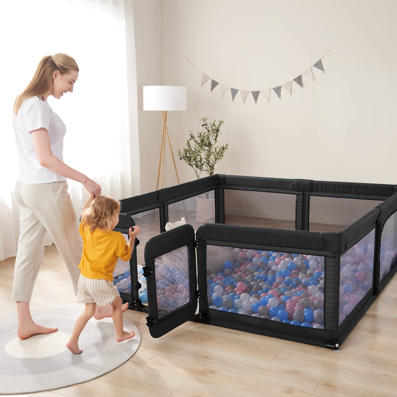Extra Large Baby Playpen with Door - 79x71in Safety Play Yard for Babies & Toddlers | Indoor Activity Center & Baby Fence | Perfect for Home, Nursery & Playtime (Black)