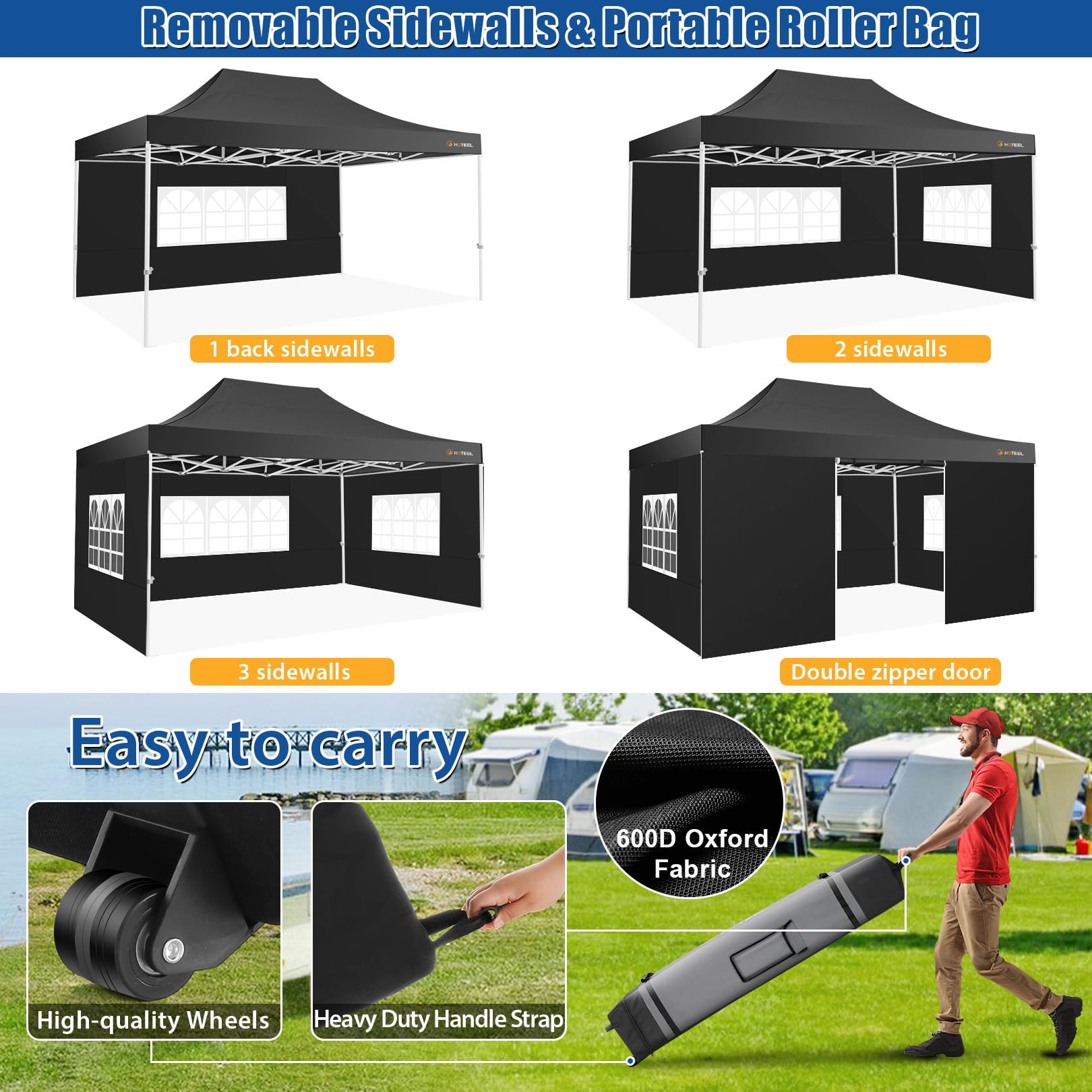 HOTEEL 10x15 Heavy Duty Pop Up Canopy Tent - Easy Setup Commercial Gazebo with 4 Sidewalls, Roller Bag & Sand Bags - Hexagonal Frame for Outdoor Weddings, Parties, Events & Camping (Black)