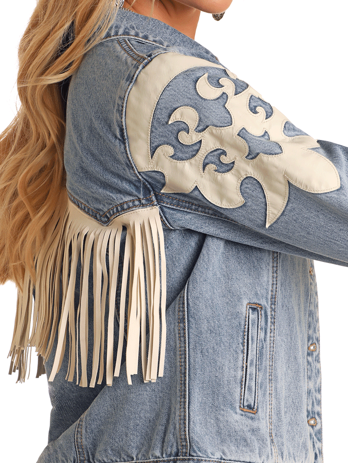Rock & Roll Denim BW92D06098 Women's Ivory Faux Leather Fringe Jacket - Light Wash Denim Vest for Concerts, Festivals & Vintage Style Outfits