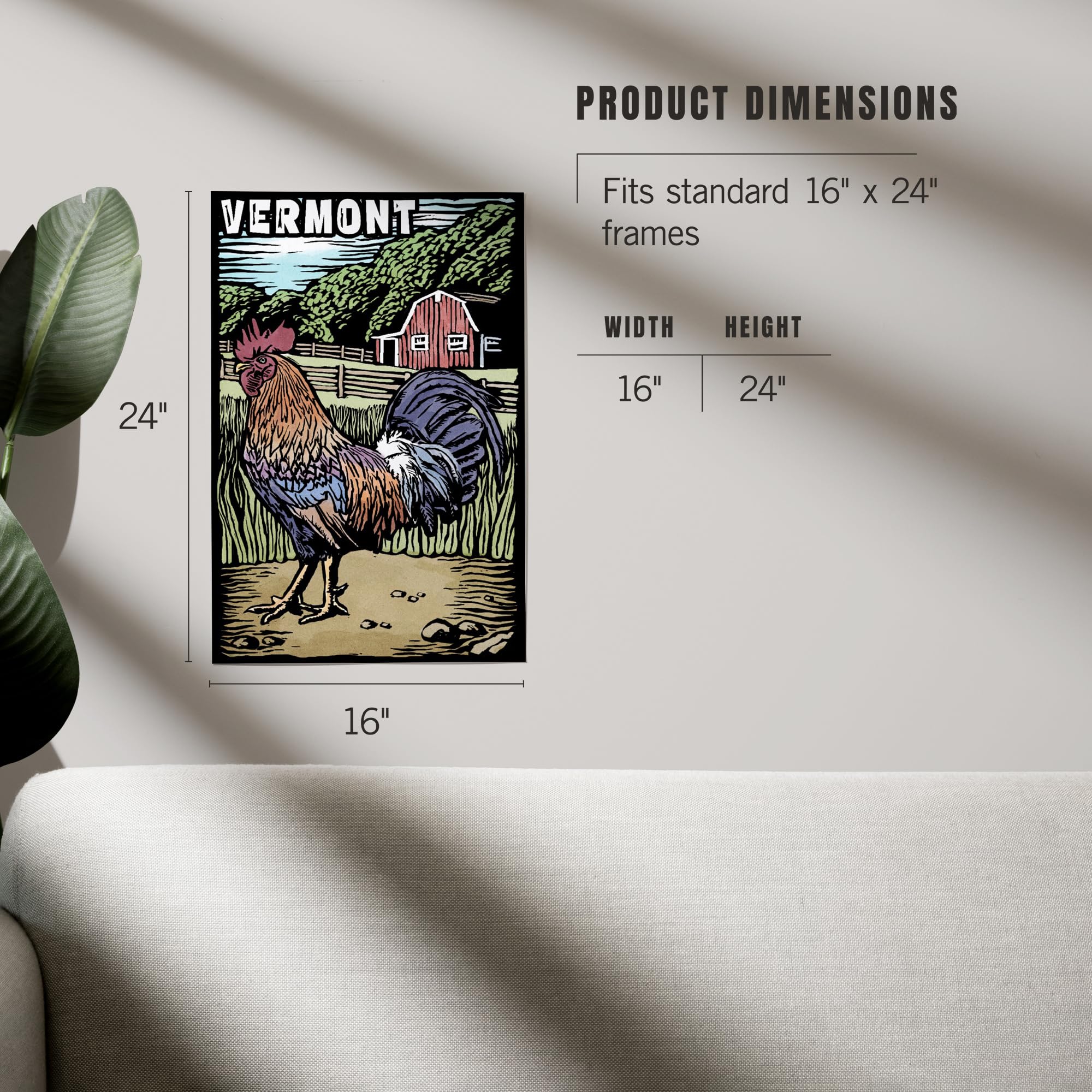 Lantern Press 16x24 Inch Giclee Print - Vermont Rooster Scratchboard Art - Premium Wall Decor for Home, Office & Cabin