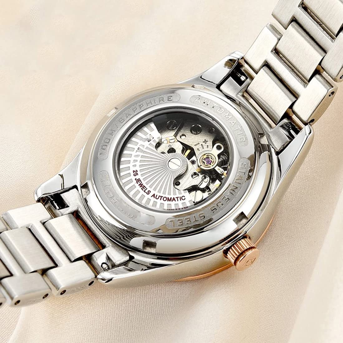 Automatic Self-Winding Couple Watches Set - Luxury Stainless Steel His & Hers Matching Watches with Calendar Date Display - Perfect Anniversary, Wedding, and Valentine's Day Gifts for Couples