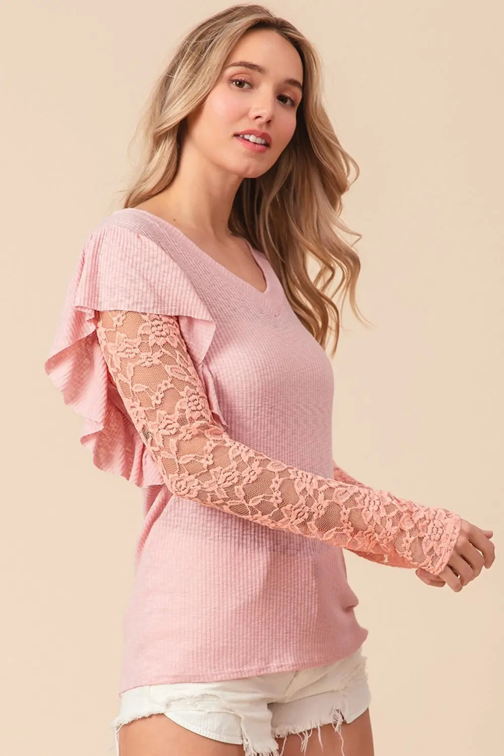 BiBi Ruffled Lace Sleeve Rib Knit Top for Women | Elegant Blouse for Date Night & Office Wear