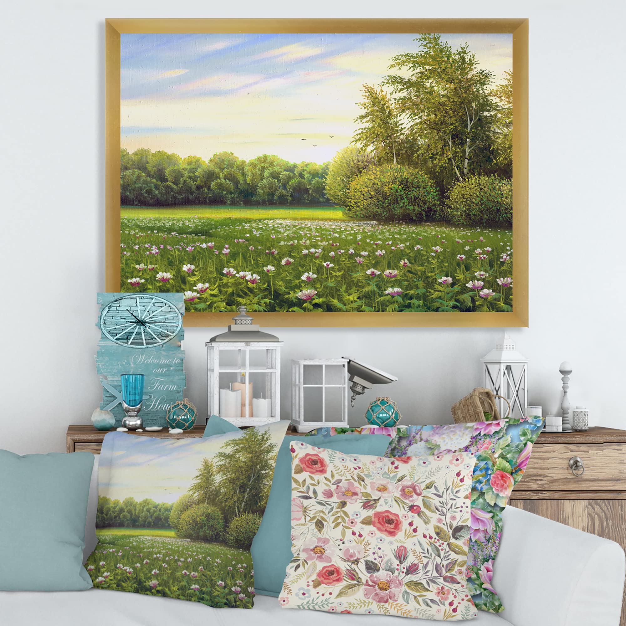DesignQ Spring Trees By The Meadows Framed Country Wall Art - Rustic Landscape Painting for Living Room, Bedroom & Office Decor
