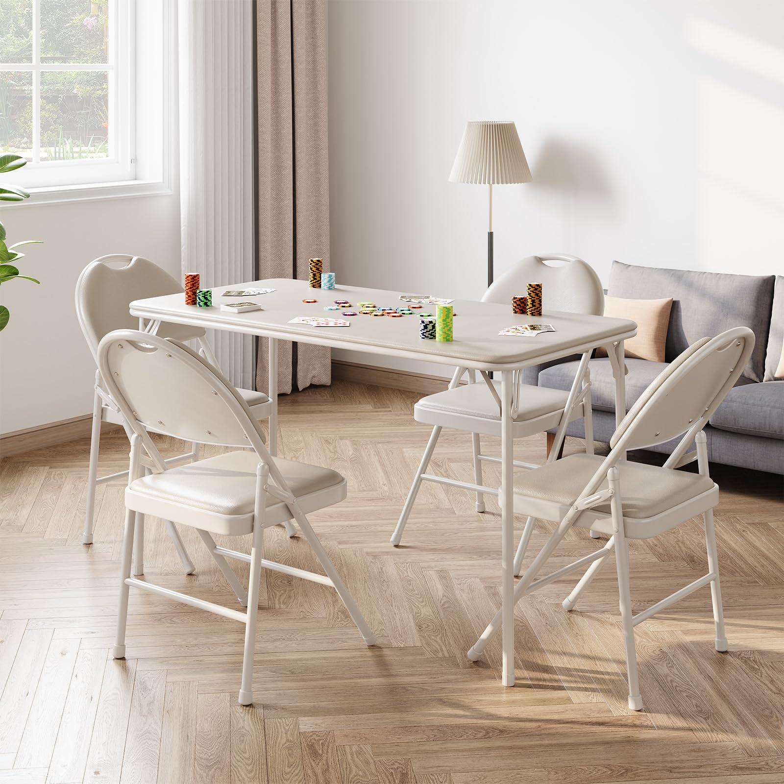 IDEALHOUSE 5-Piece Portable Folding Table and Chairs Set - Foldable Card Table with PU Upholstered Chairs for Dining Room, Living Room, Office, Camping & Outdoor Events (Beige) | Perfect for Game Nights, Picnics, and Small Space Living