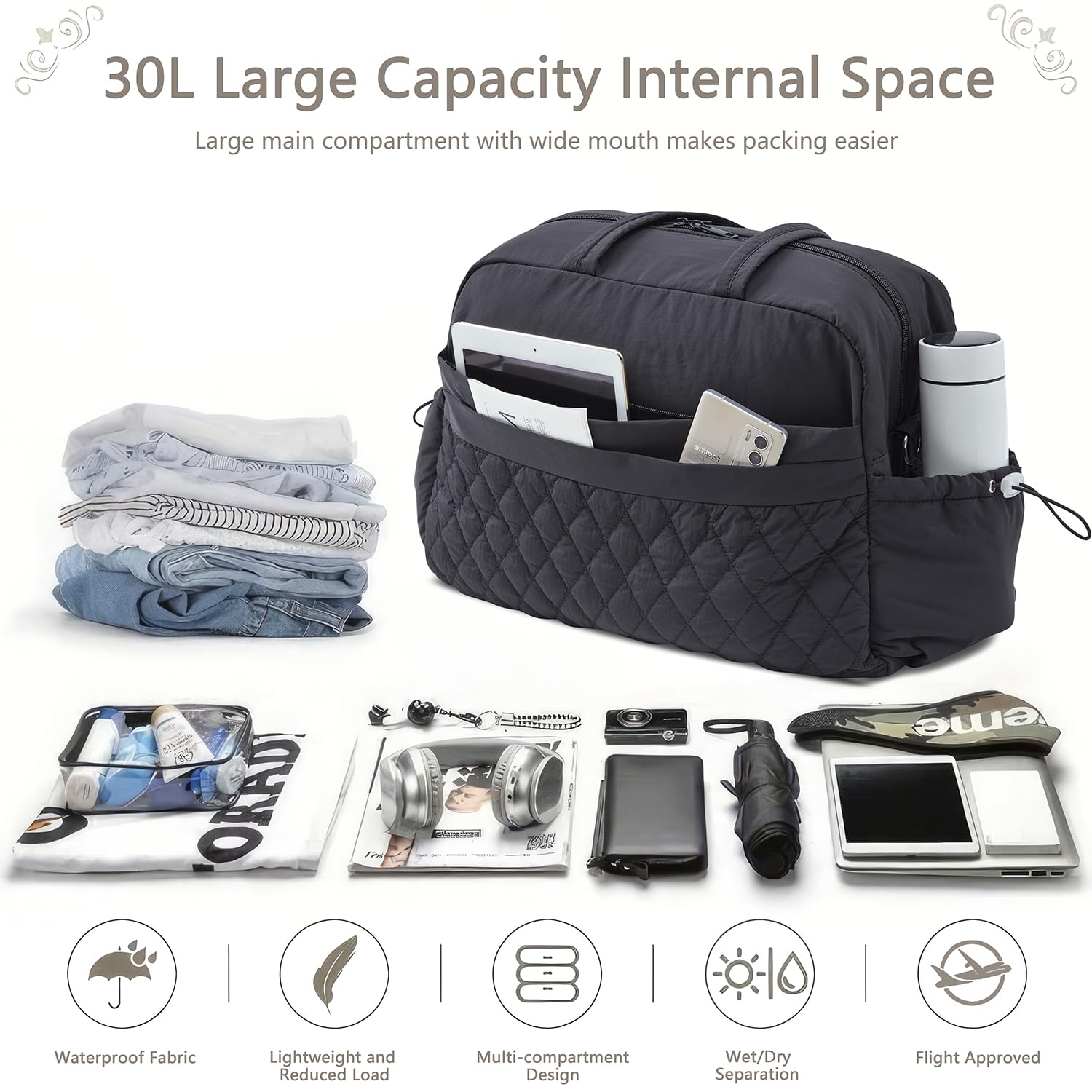 Waterproof Women's Duffle Bag - TSA Approved Carry On Gym Bag with Wet Pocket, Lightweight Travel Weekender Overnight Bag for Workout, Hospital, Business Trip (16.5x7.5x11 Inches, Black) | Perfect for Gym, Yoga, Beach Vacation & Business Travel
