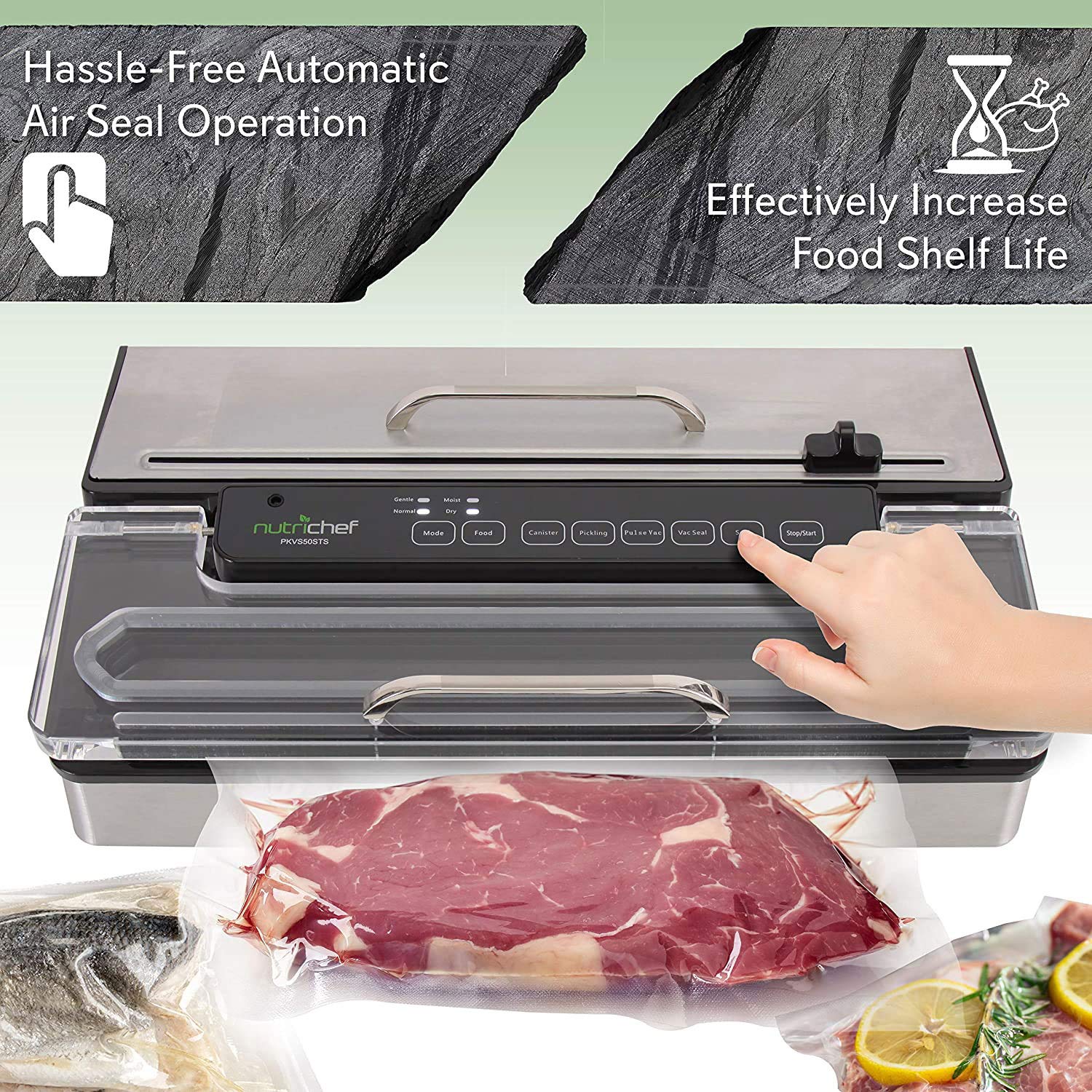 NutriChef PKVS50STS 400W Commercial Vacuum Sealer Machine - Automatic Double Piston Pump for Meat, Sous Vide & Food Preservation | Includes Dry/Wet Seal & Vacuum Roll Bags | Extra Large Silver Design | Perfect for Home Kitchens, Restaurants & Meal Prep Businesses